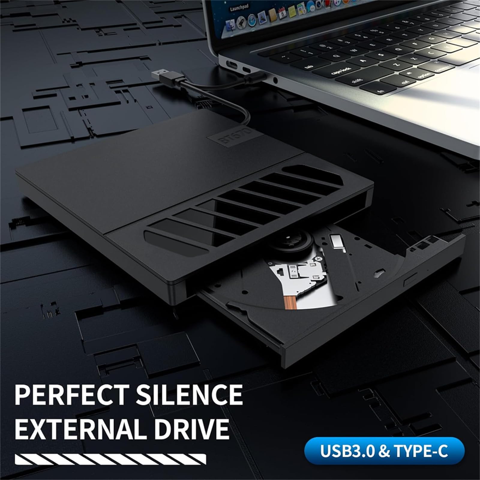 JSGHGDF External Optical Drive with USB 3.0 & USB-C - Multi-Format DVD CD Burner for Laptops & Desktops - Perfect for Data Backup, Media Playback & Software Installation