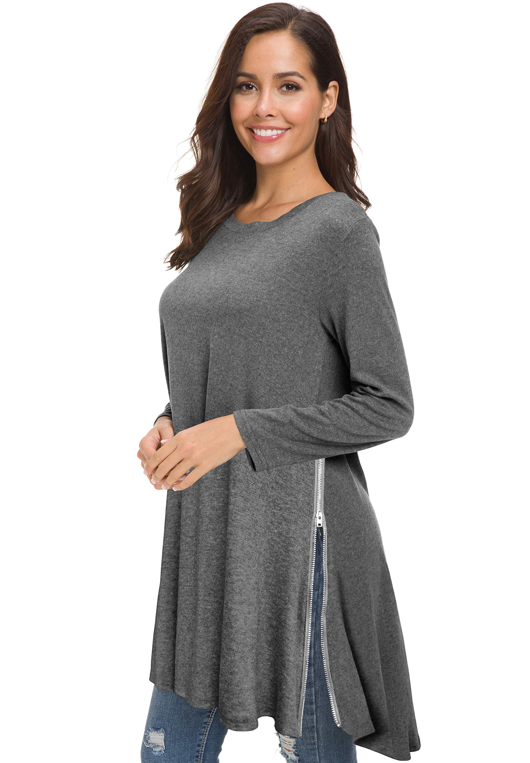 Afibi Women's Long Sleeve Loose Tunic Top with Side Split - Casual Blouse for Leggings, Yoga, Workout & Everyday Wear