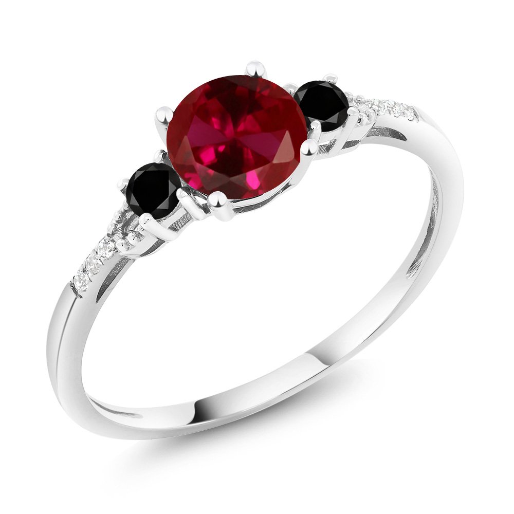 10K White Gold Red Created Ruby & Black Diamond 3-Stone Engagement Ring for Women | 1.18 CTTW | Wedding Anniversary Jewelry Gift | Perfect for Proposals, Bridal Sets & Special Occasions