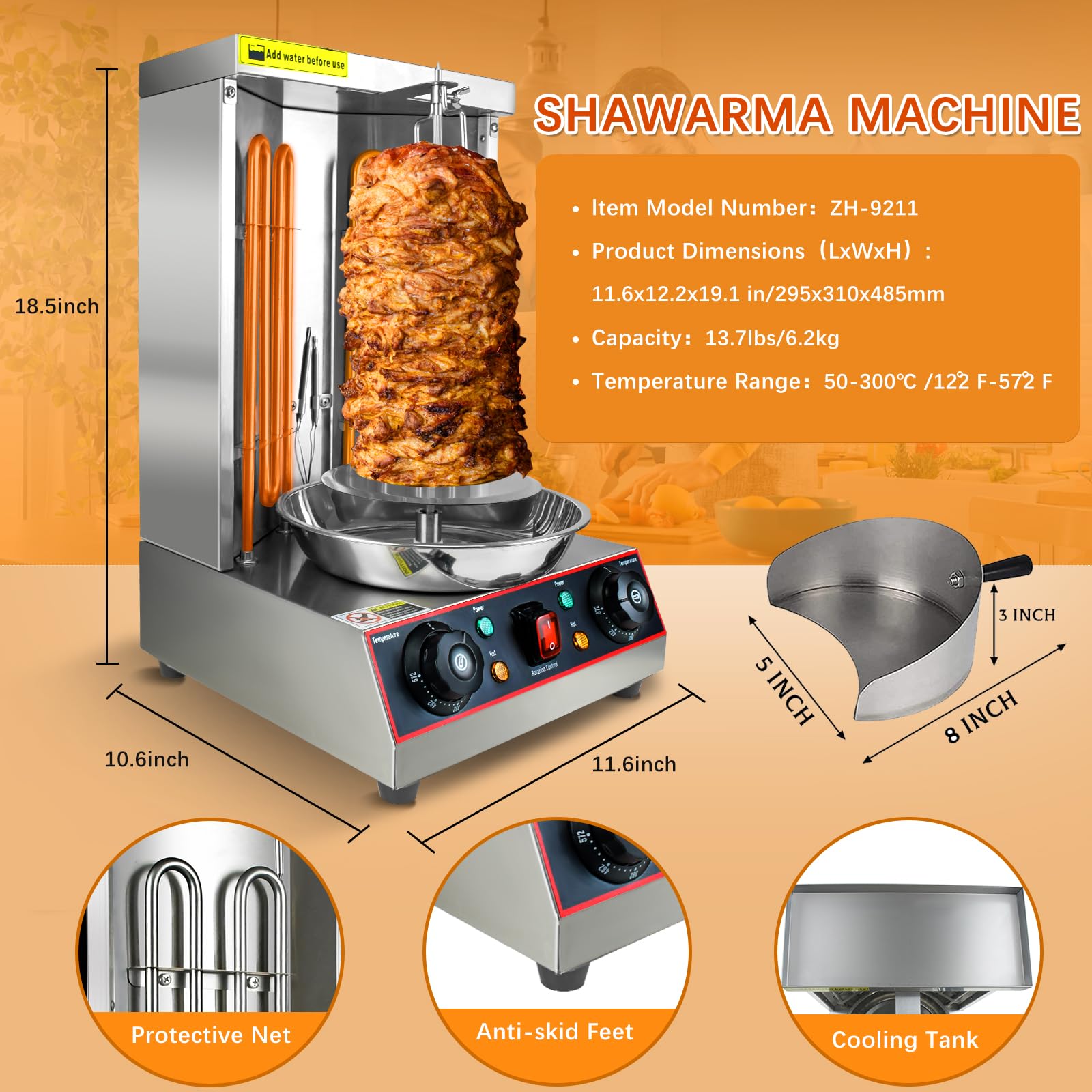 YOOKTEN 3000W Commercial Electric Shawarma Grill Machine - Stainless Steel Vertical Rotisserie for Doner Kebab, Gyro & Chicken - Includes Meat Catch Pan (Silver) - Perfect for Restaurants, Food Trucks & Home Kitchens
