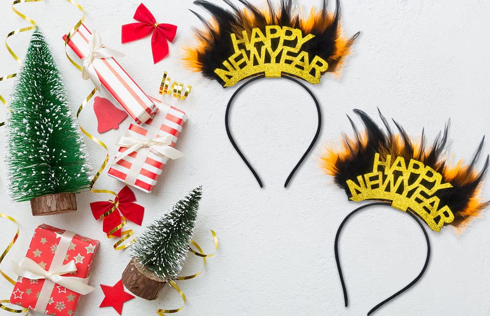 2025 New Year Feather Headbands & Glitter Tiara - Sparkly Party Hair Accessories for Women & Men - Perfect for New Year's Eve Celebrations, Costume Parties & Festive Events