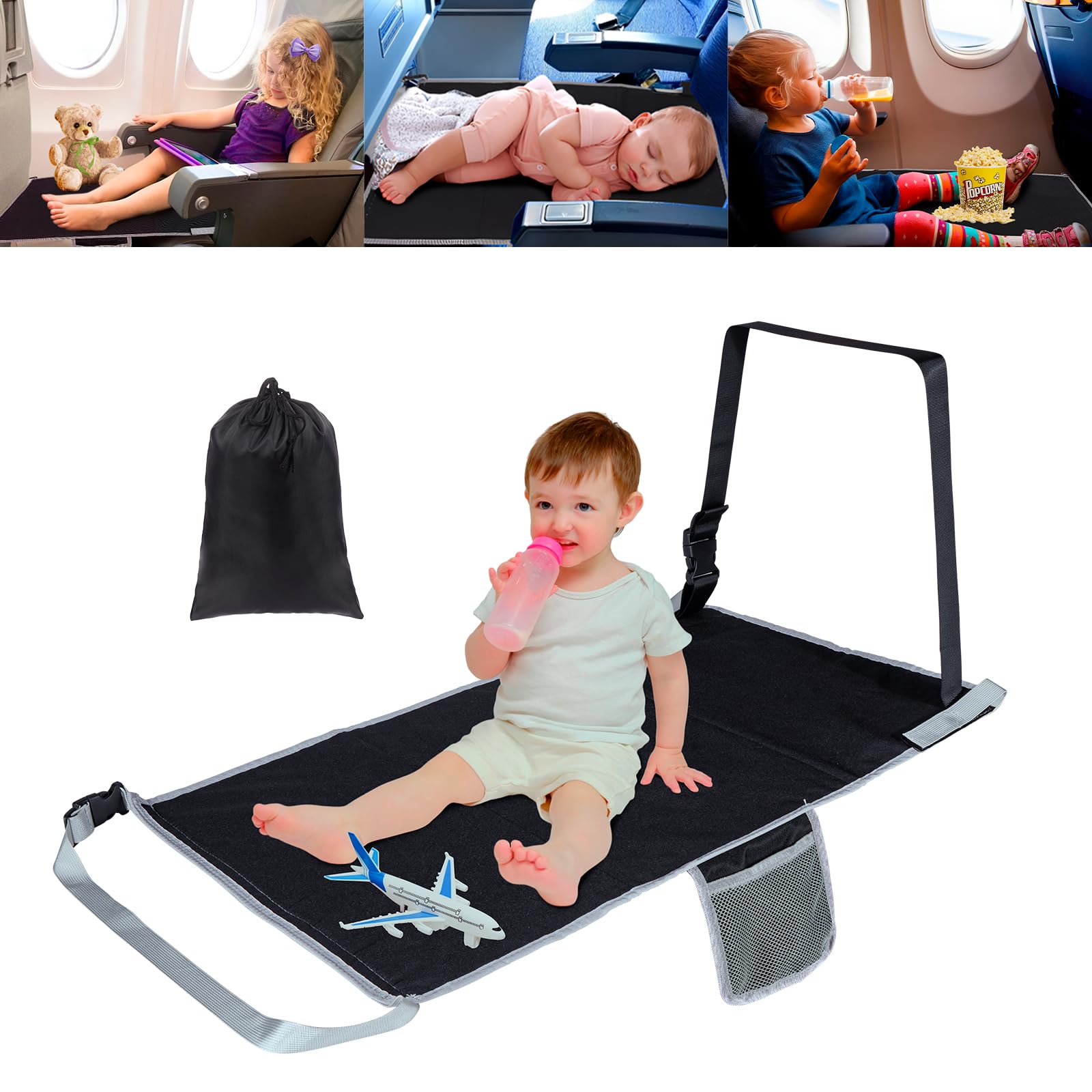 **Airplane Seat Extender for Kids - Portable Toddler Airplane Bed & Foot Rest - Baby Travel Hammock for Flights - Child Sleeping Mat & Nap Cot - Essential Travel Accessories for Comfortable Airplane Sleep (Black)**    *Perfect for long flights, naps, and keeping toddlers comfortable during travel.*