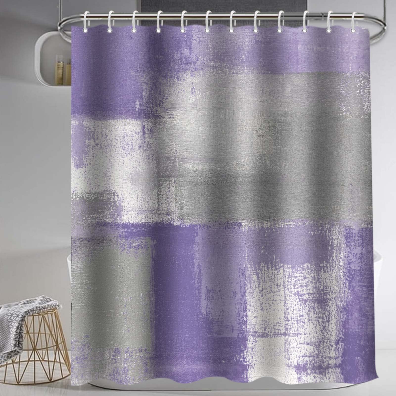 Lnond 4Pcs Purple and Grey Painting Art Bathroom Shower Curtain Set with Matching Rugs & Accessories - Waterproof Bath Decor for Modern Home, Spa, Hotel (Purple/Grey)