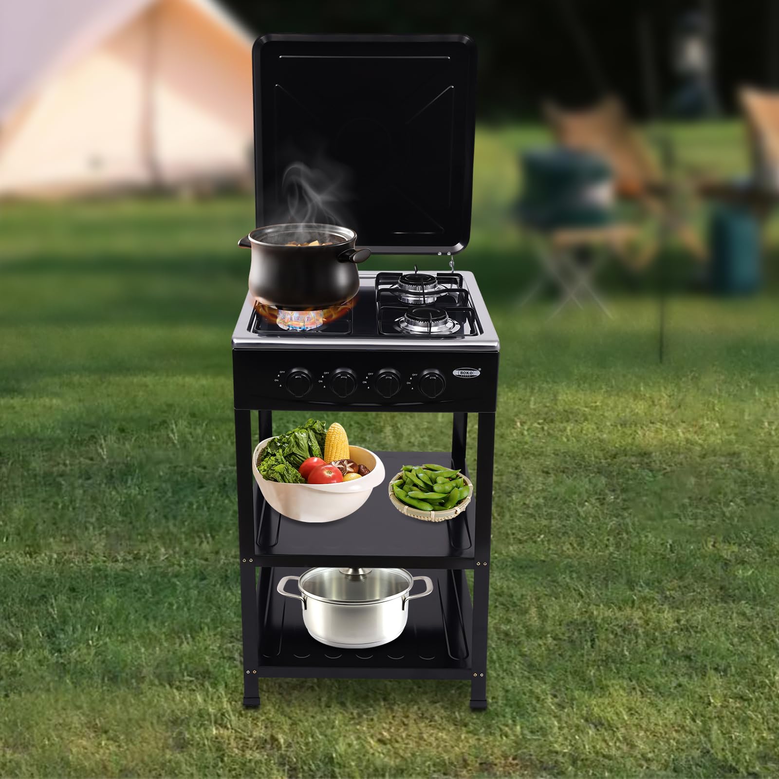 **4 Burner Propane Gas Grill Stove - 300,000 BTU Outdoor Camping BBQ Cooker with 2-Tier Storage Rack, Stainless Steel Portable Design for Backyard Cooking, Home Brewing & Canning - Perfect for Picnics, Tailgating, and RV Trips**