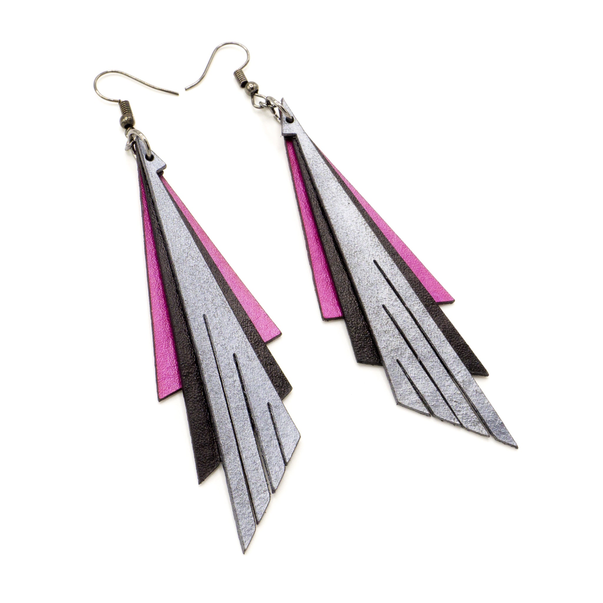 Aktivei Handmade Leather Earrings for Women - Fuchsia Pearl, Black & Silver Dangle Earrings | Boho Chic Jewelry for Casual Wear, Parties & Special Occasions