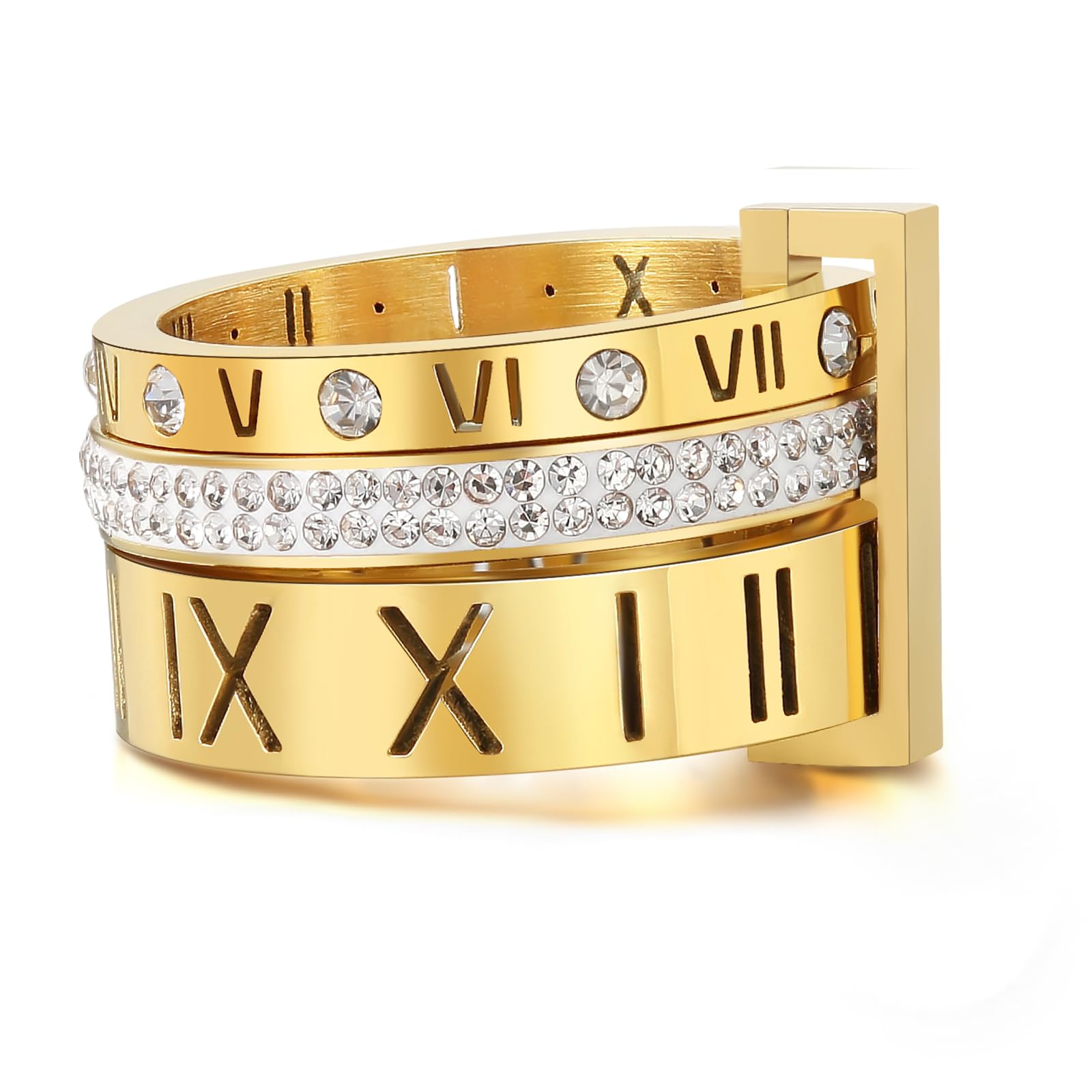 Stainless Steel Zirconia Spinner Rings for Women - 3 in 1 Roman Numeral Wedding Band Set in Gold Tone | Perfect for Anniversary Gifts, Promise Rings & Everyday Fashion Jewelry