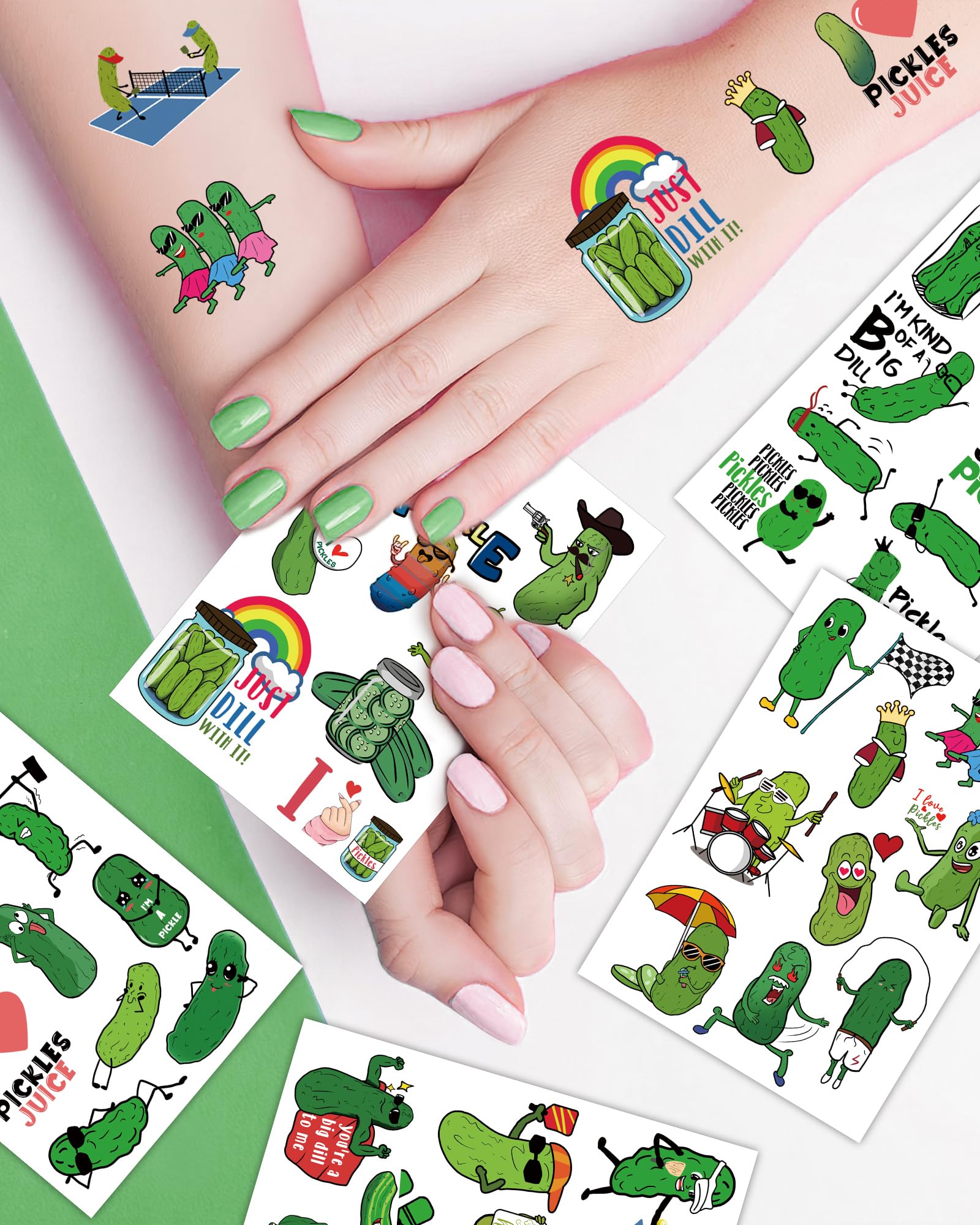 138 PCS Funny Pickle Temporary Tattoos & Stickers - Perfect Gift for Pickle Lovers, Great for Pickle Themed Parties, Birthday Decorations and Party Favors - 15 Sheets (Ideal for Halloween Costumes, Water Bottle Decals & Fun Body Art)