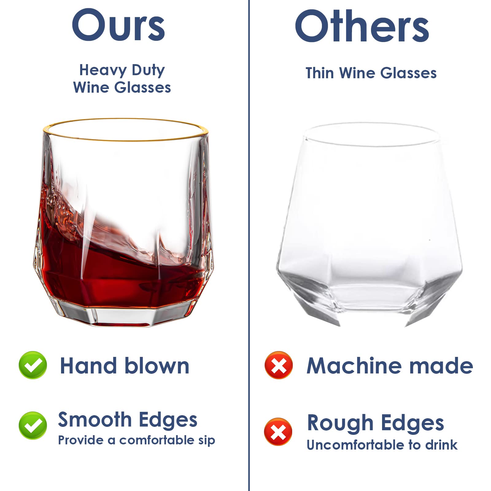 Premium 10 oz Gold Rim Stemless Wine Glasses Set - 6 Pack Hand Blown Crystal Diamond Design with 2 Wine Stoppers - Elegant Glass Tumblers for Wine, Cocktail, Juice, Water - Perfect for Parties, Weddings, Home Bar & Gifts