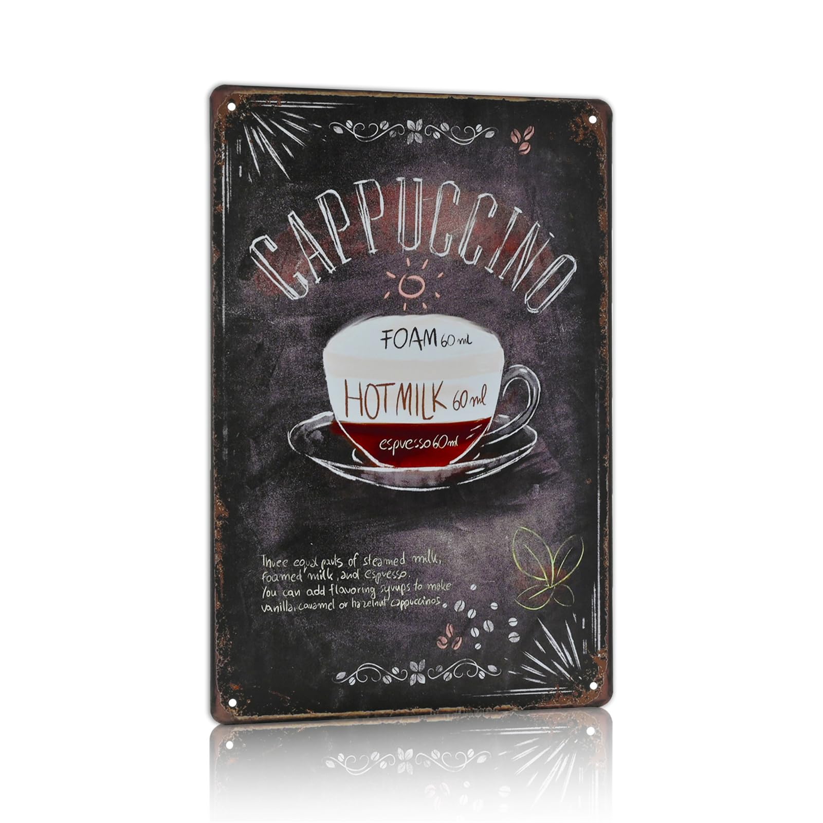 Vintage Metal Coffee Tin Sign - Retro Cappuccino Wall Decor for Kitchen, Bakery, Cafe & Restaurant - Perfect for Coffee Shop Theme & Home Bar Decor
