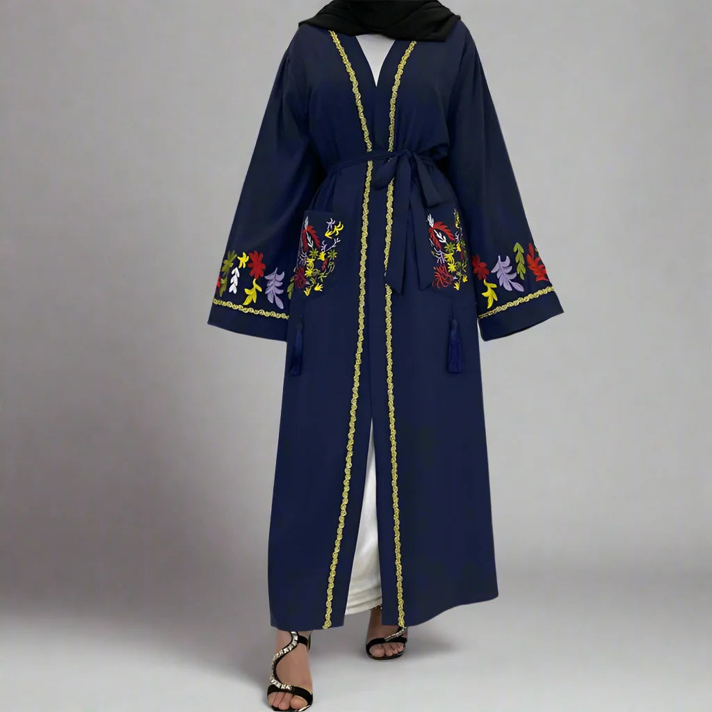 Elegant Muslim Women's Embroidery Open Abaya Dress - Modest Islamic Clothing for Prayer, Mosque & Special Occasions