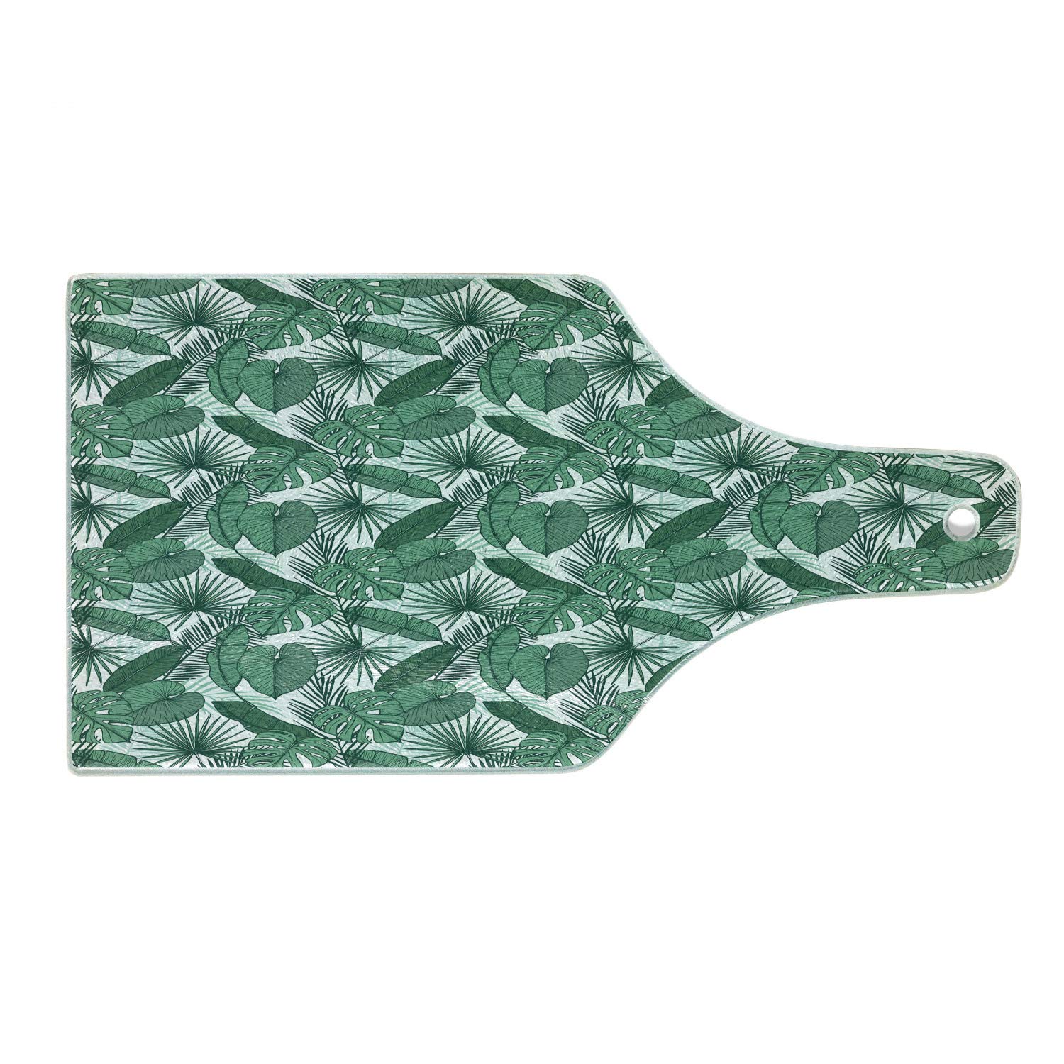 Ambesonne Banana Leaf Tempered Glass Cutting Board - Palm Tree Monstera Areca Fan Palm Design - Jade Green & White Wine Bottle Shape - Perfect for Serving Cheese, Charcuterie & Wine Pairings