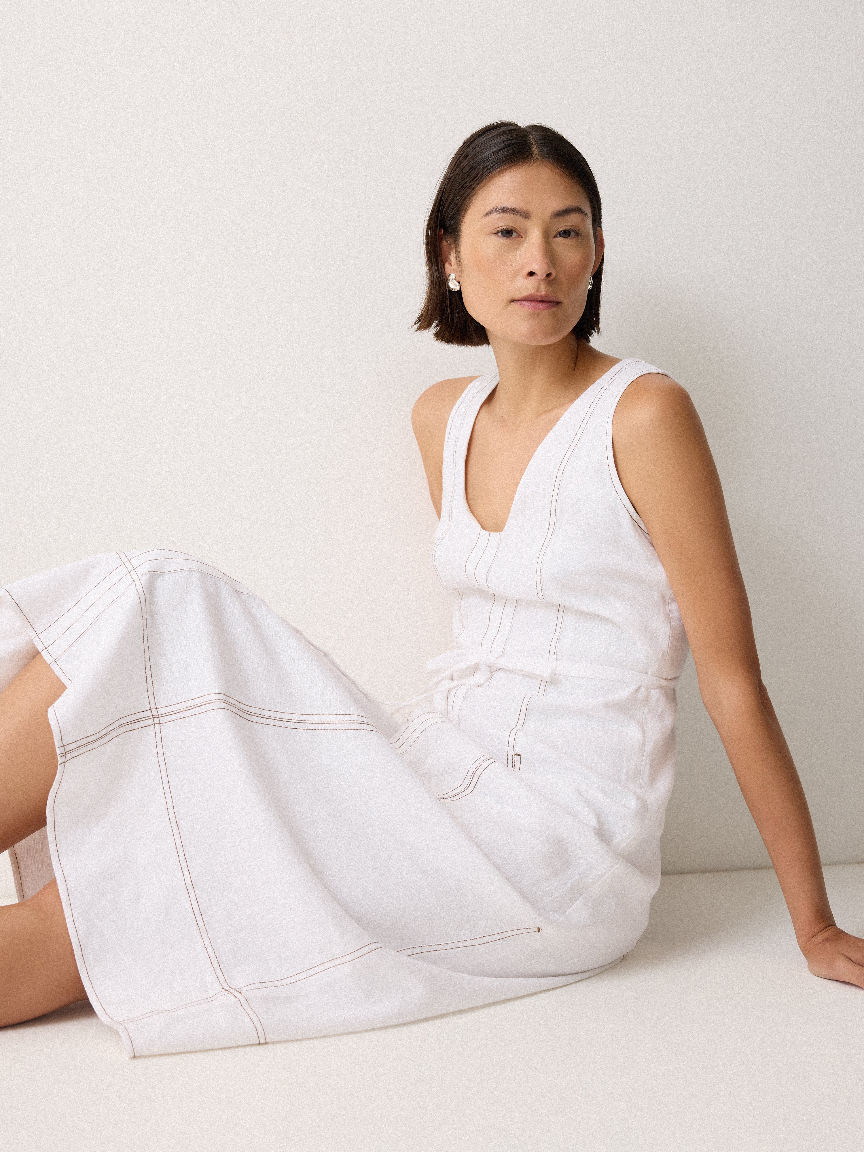 Linen Viscose Stitch Dress for Women - Breathable Summer White Dress | Perfect for Beach Vacations, Garden Parties & Casual Outings