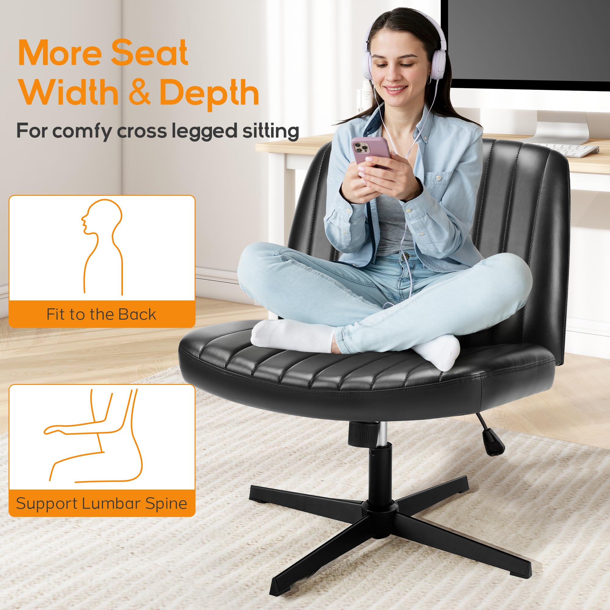 DUMOS Criss Cross Chair Legged Office Chair - Wide Comfy Desk Seat Without Wheels, Armless Computer Task Chair, Swivel Vanity Chair with Height Adjustable - Perfect for Home Office, Gaming & Study