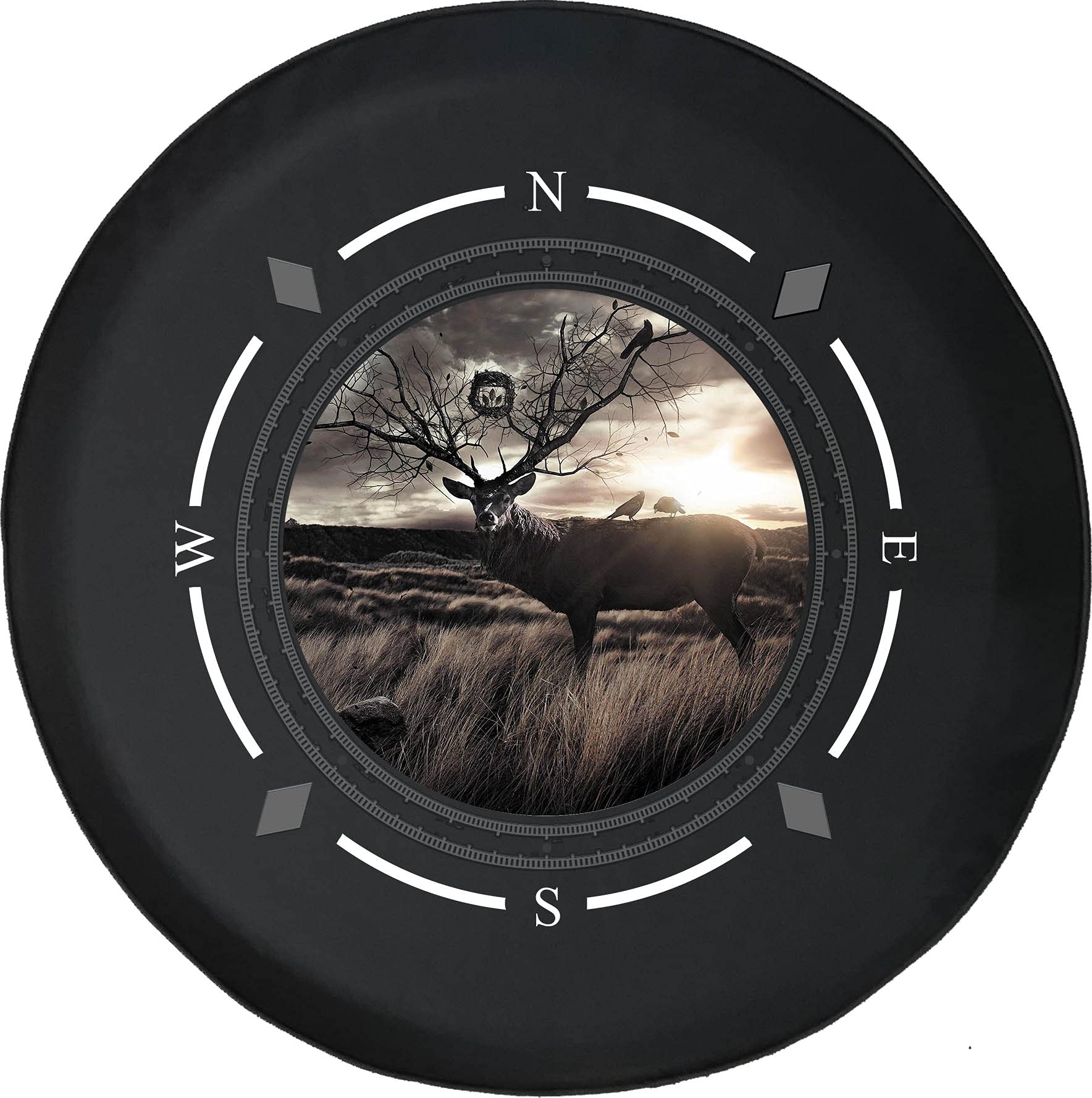 American Unlimited Spare Tire Cover with Compass & Tree Branch Antlers Design - Universal Fit for SUV, Trailer, RV & Most Vehicles | Durable Wheel Protection for Off-Road Adventures & Camping Trips