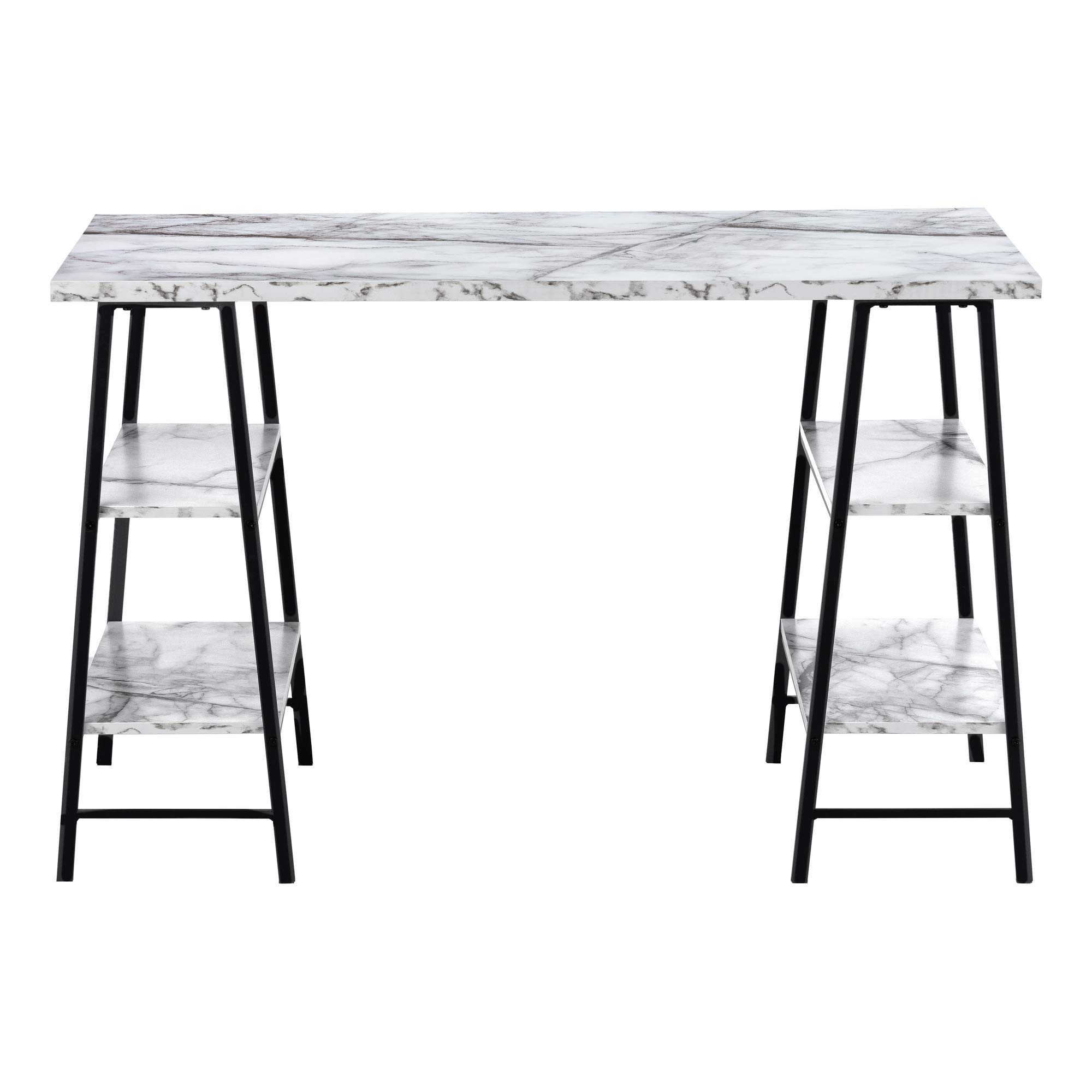 Monarch Specialties I 7527 48-Inch Modern Computer Desk with Storage Shelves - White Marble Look & Black Metal Frame - Home Office & Laptop Workstation for Contemporary Spaces