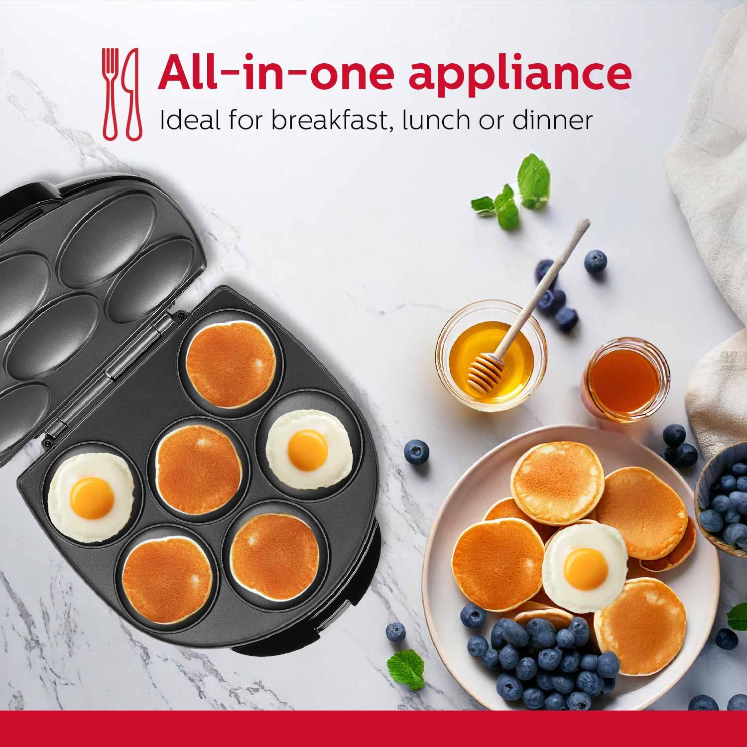 Holstein Housewares Non-Stick 6-Section Arepa Maker - Perfect for Arepas, Pancakes, Corncakes & Tosti Arepa - Easy-to-Use Electric Griddle - 6-Piece Set in Black - Ideal for Breakfast, Brunch & Latin American Cuisine