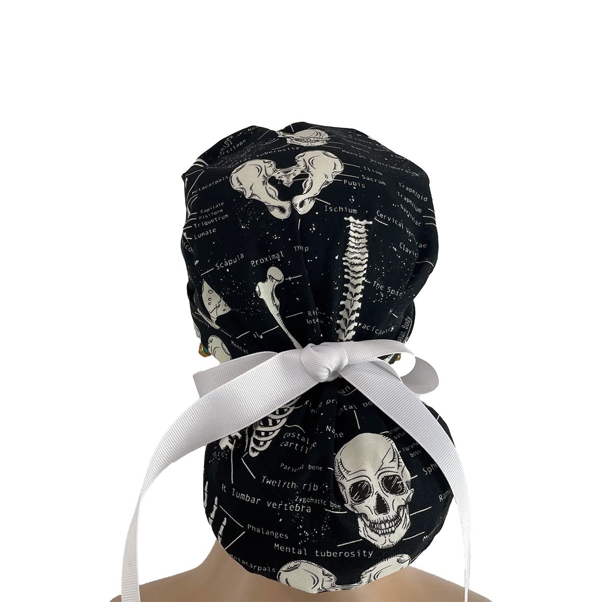 Turn Up Ponytail Medical Scrub Cap - Human Anatomy Bones Print - Doctor & Nurse Hats for Women in Black | Comfortable Surgical Cap for Healthcare Professionals
