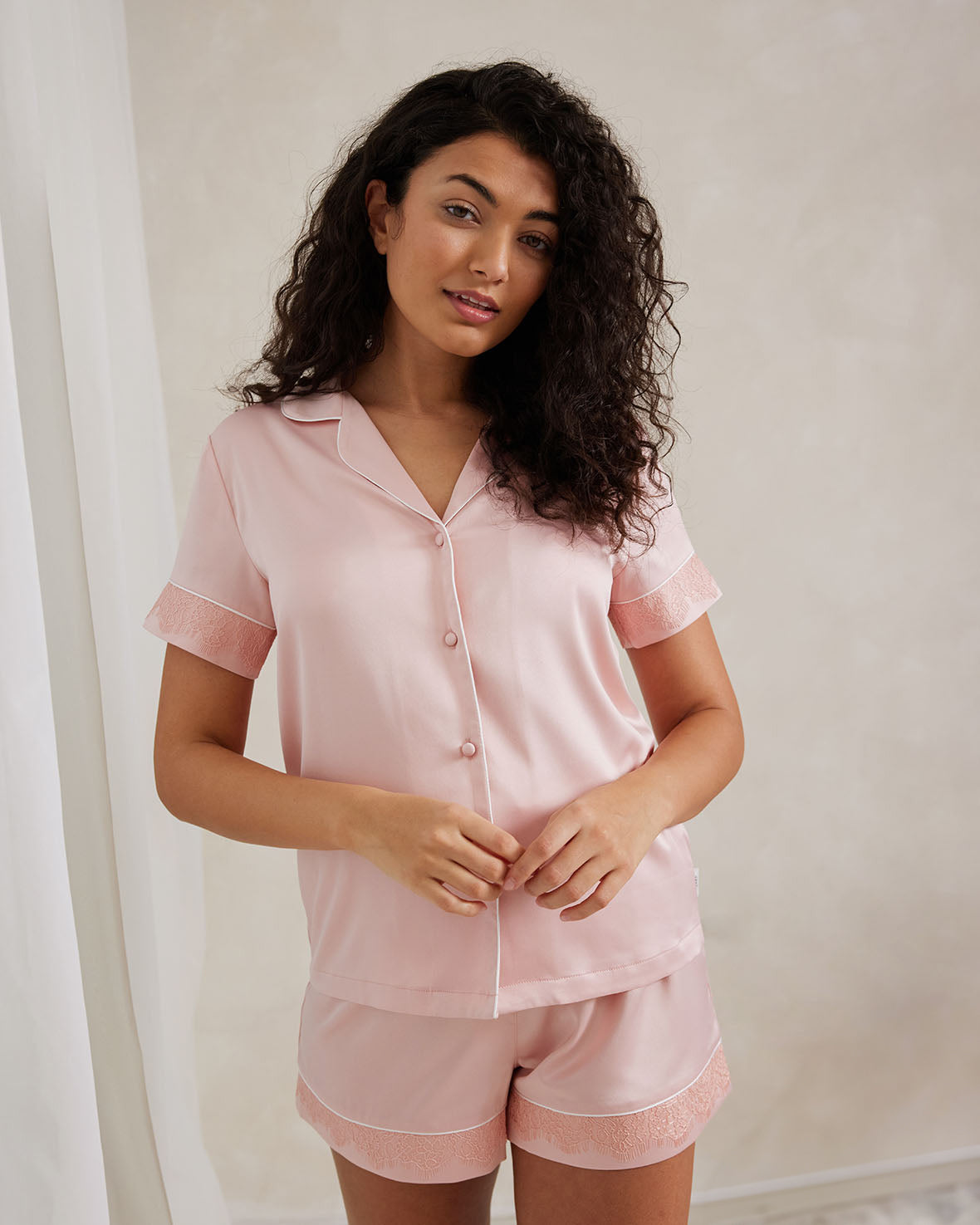 Satin Lace Trim Short Pajama Set - Soft Blush Pink Sleepwear for Women | Comfortable Nightwear for Summer & Lounge Wear