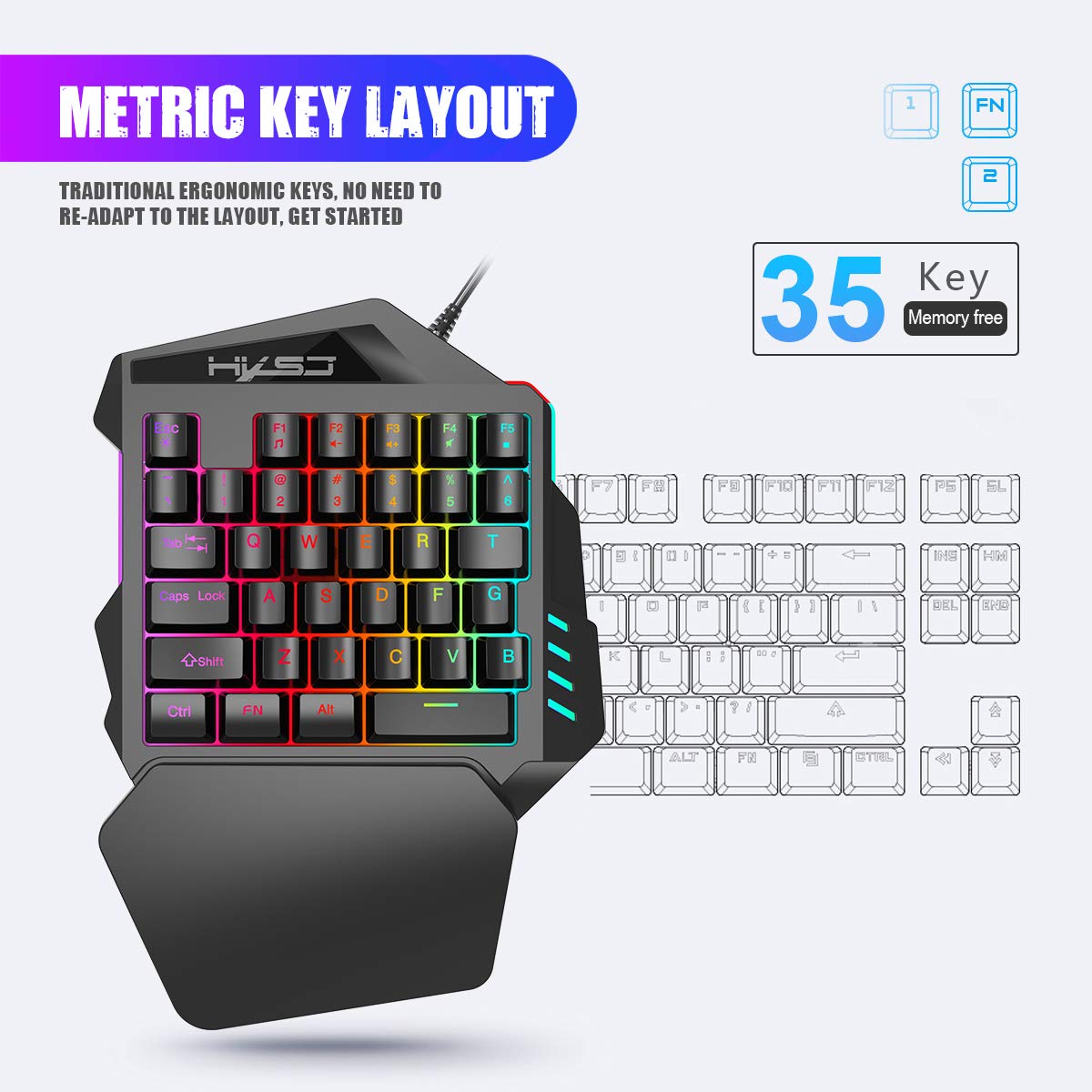One-Handed RGB Gaming Keyboard - 35 Key Portable Mini Half Keypad with Wrist Rest | Mechanical Feel Ergonomic Game Controller for PC Gamers | Perfect for FPS, MMO & Esports Gaming