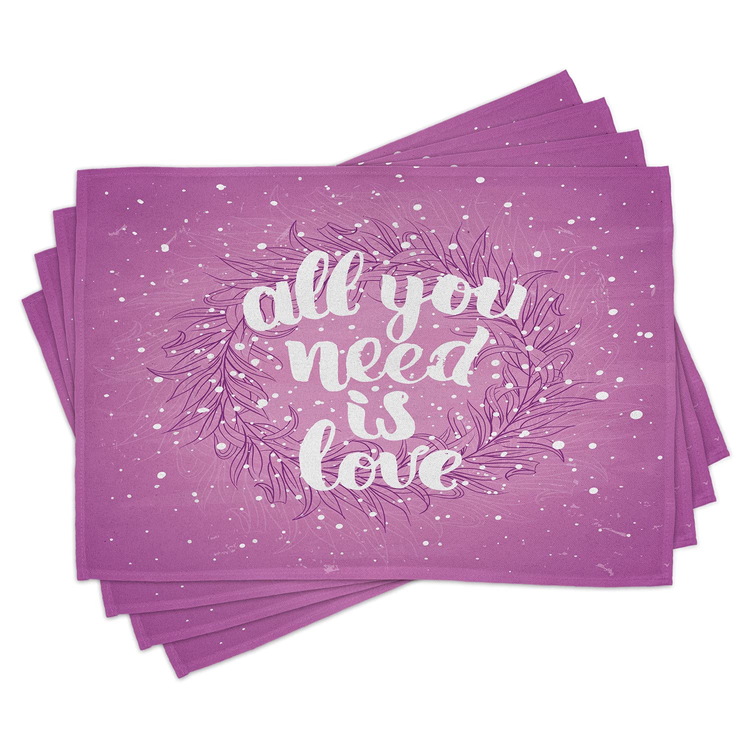 Ambesonne Love Place Mats Set of 4 - Valentine's Day Abstract Floral Wreath Design with Brush Font & Paint Splashes - Washable Fabric Dining Table Placemats (Standard Size, Fuchsia & White) - Perfect for Romantic Dinners, Anniversary Celebrations & Holiday Decor