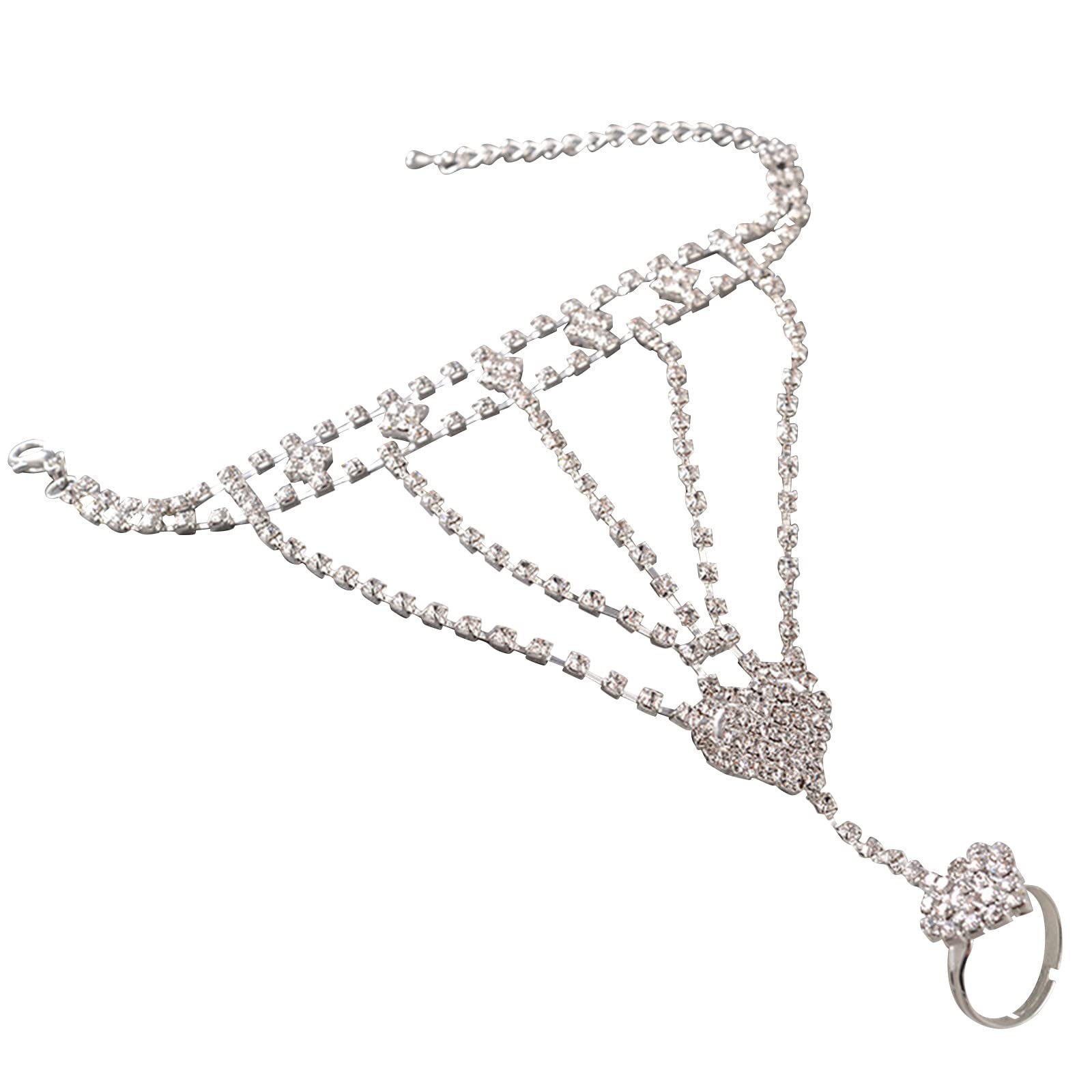 Sparkling Rhinestone Chain Link Finger Ring Bangle Bracelet Set for Women - Trendy Hand Jewelry for Parties, Weddings & Everyday Wear (Bulk Pack)