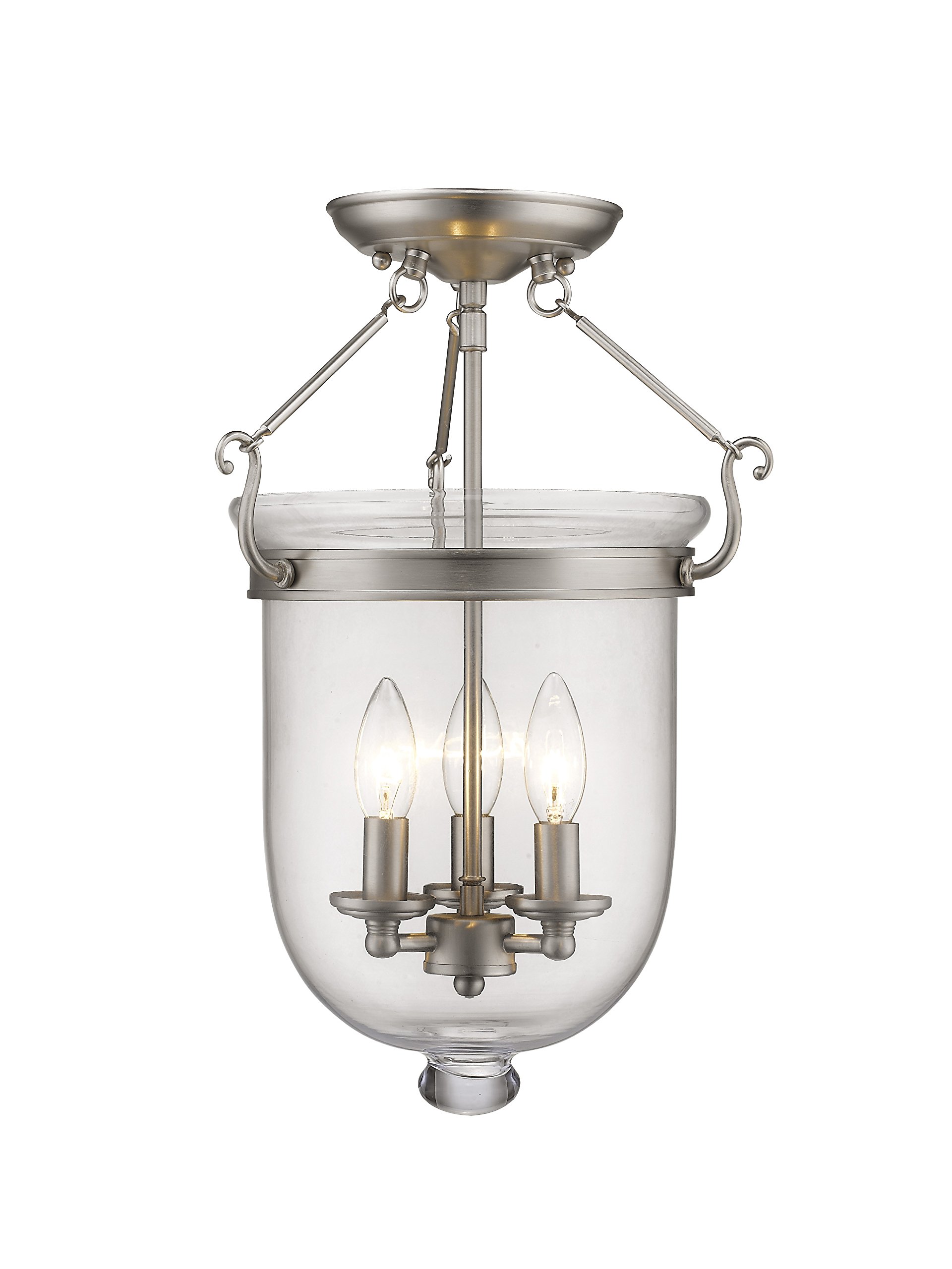 Livex Lighting Jefferson 3-Light Brushed Nickel Semi-Flush Mount Bell Jar Ceiling Fixture with Clear Glass Shades - Perfect for Dining Room, Bedroom, or Entryway Lighting