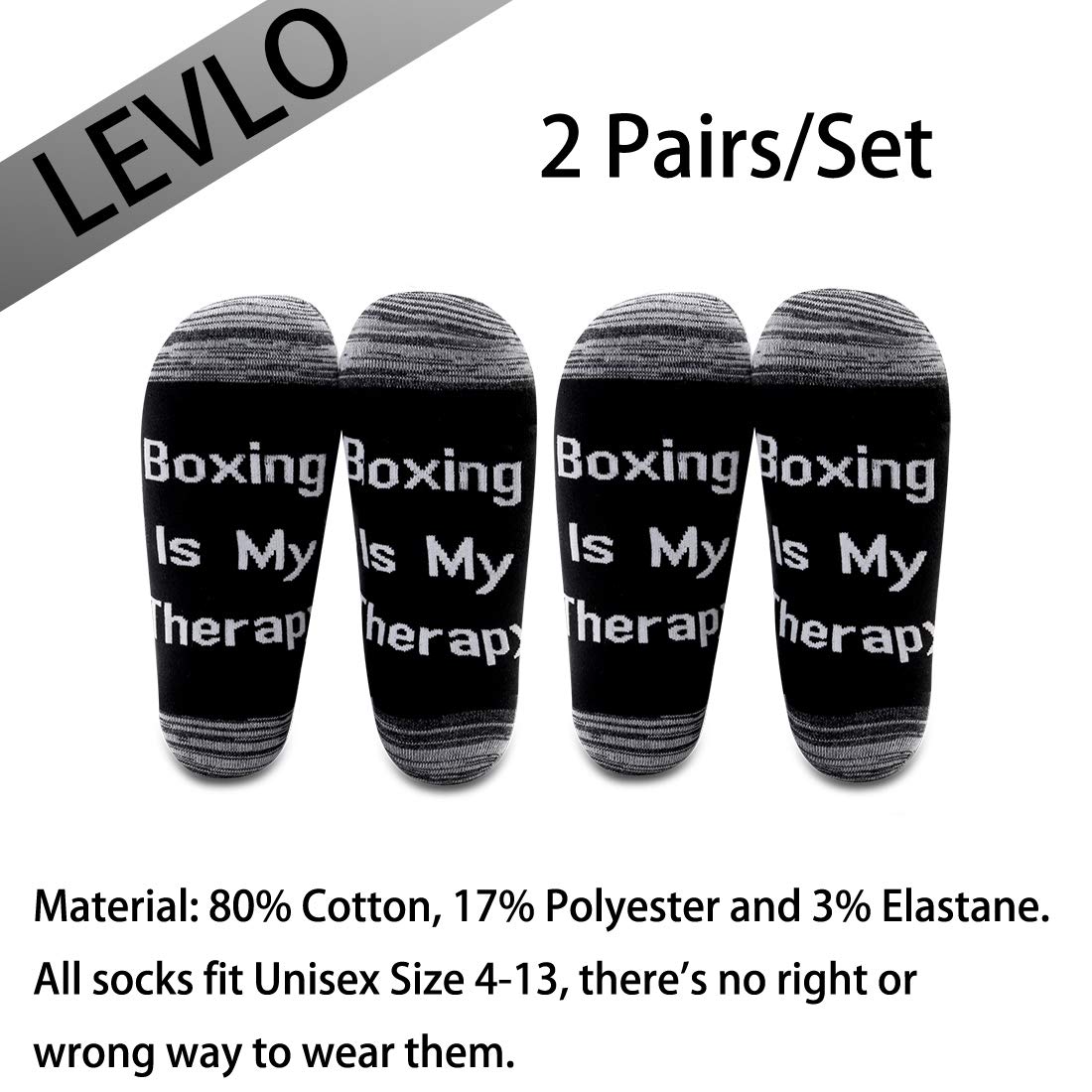 LEVLO Boxer Fans Gift - Boxing is My Therapy Cotton Socks (2 Pairs/Set, Mid Calf) - Inspirational Gifts for Boxing Lovers & Coaches - Perfect for Training, Gyms & Boxing Enthusiasts