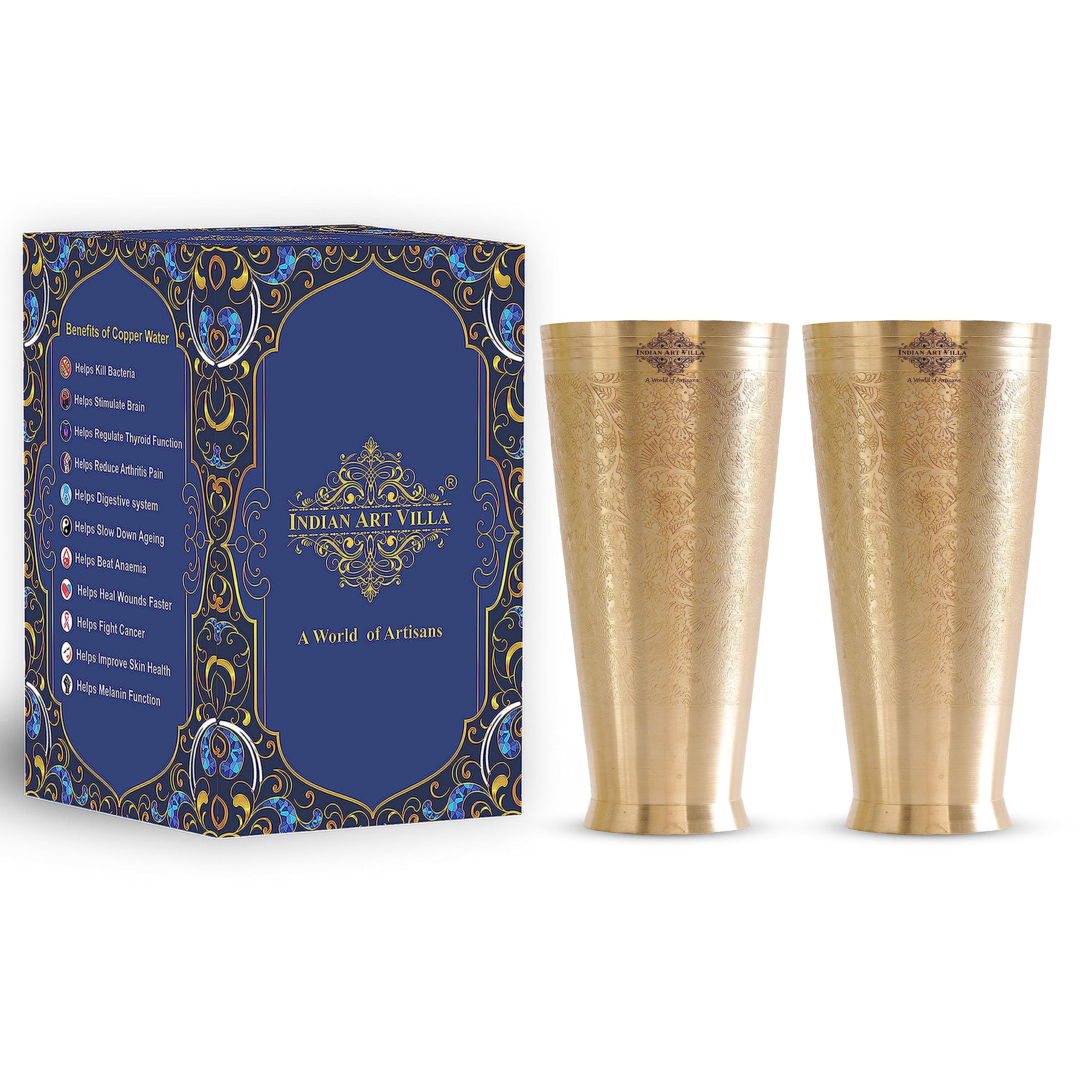Premium Indian Brass Lassi Glass Tumbler Set - 54oz Embossed Flower Design Drinking Cups (Set of 2) - Perfect for Traditional Yogurt Drinks, Smoothies, and Chilled Beverages at Home or Restaurant