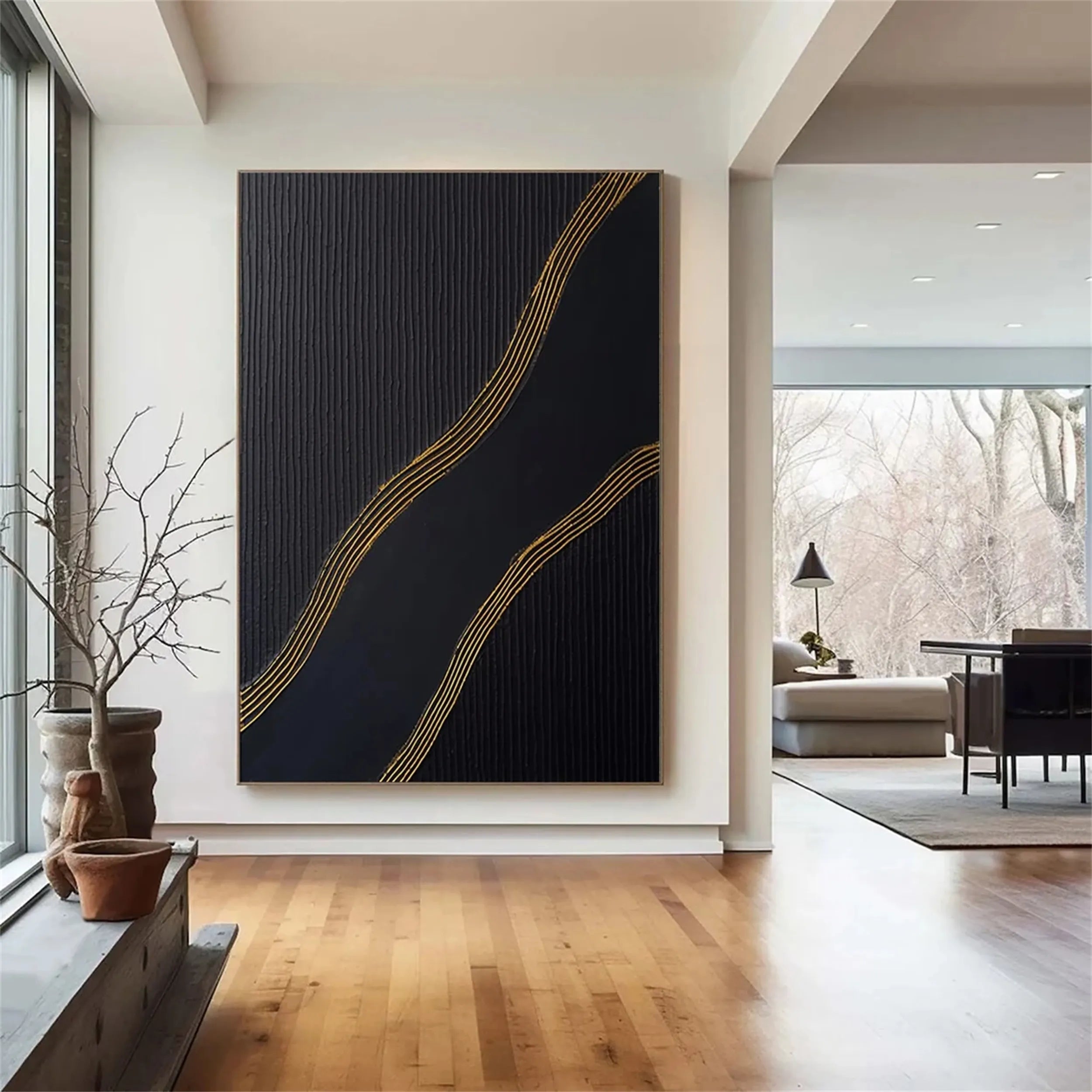 Black Gold Minimalist Textured Abstract Wall Art Painting #MZ084 - Modern Home & Office Decor for Living Room, Bedroom, or Workspace