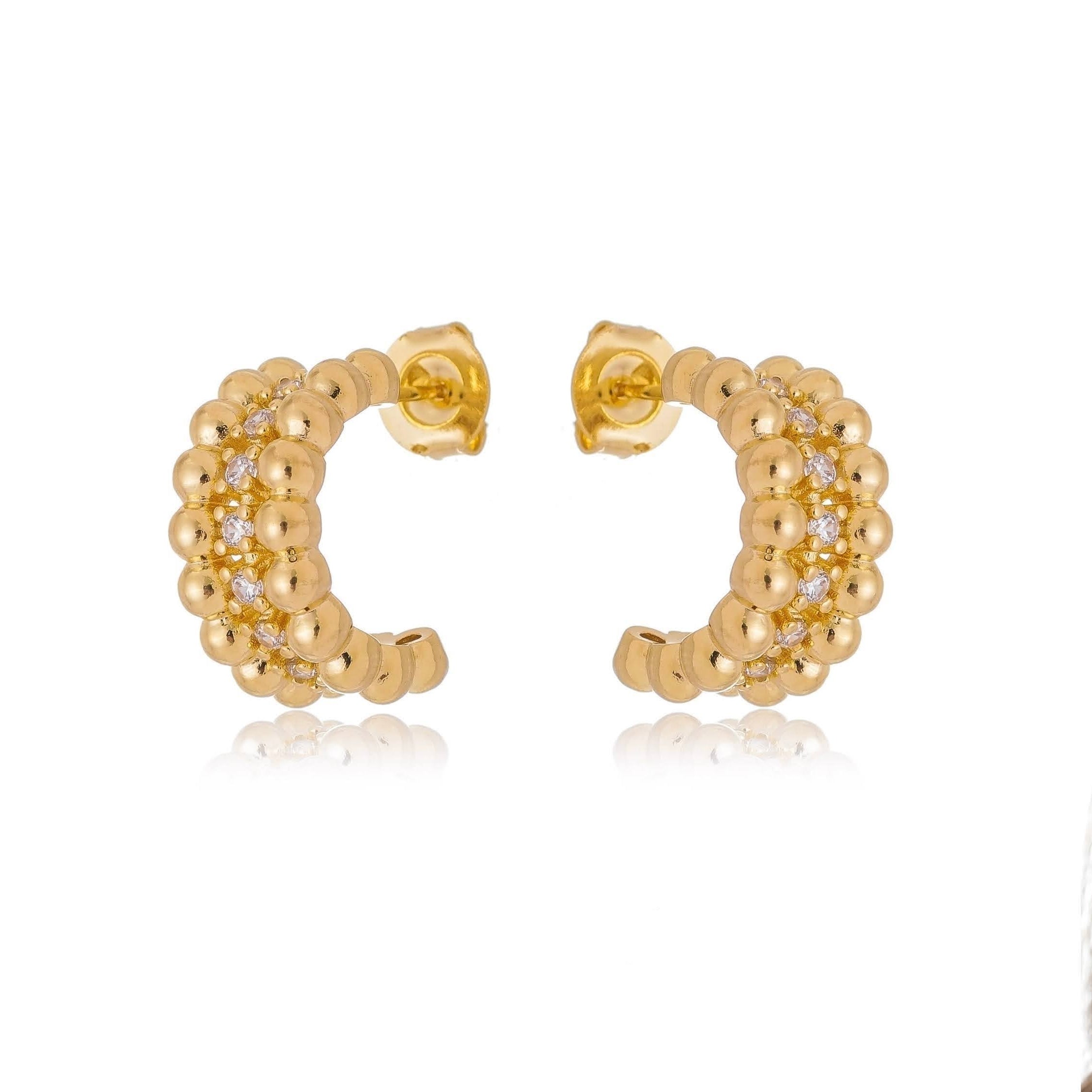 18K Gold Filled Beaded C Hoop Earrings with Cubic Zirconia Stones - Elegant Dangle Earrings for Women, Perfect for Parties, Weddings & Everyday Wear