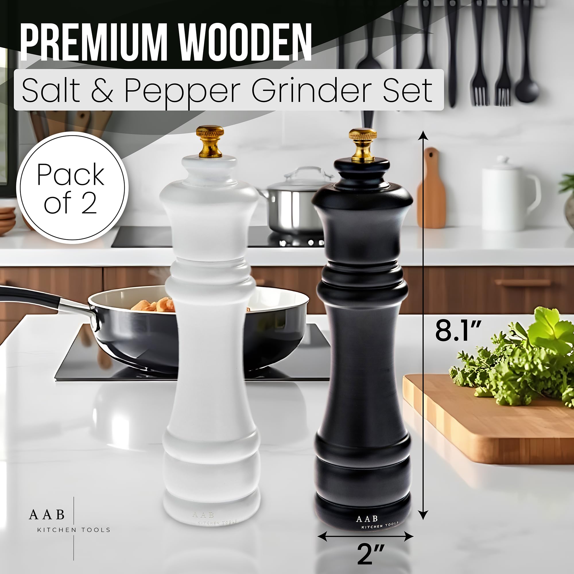 Premium Wooden Salt and Pepper Grinder Set - 8 Inch Adjustable Manual Mill with Ceramic Grinding Core - Refillable Spice Shakers for Kitchen, Dining & Gifting (2-Pack) - Perfect for Home Cooking, Restaurants and Dinner Parties