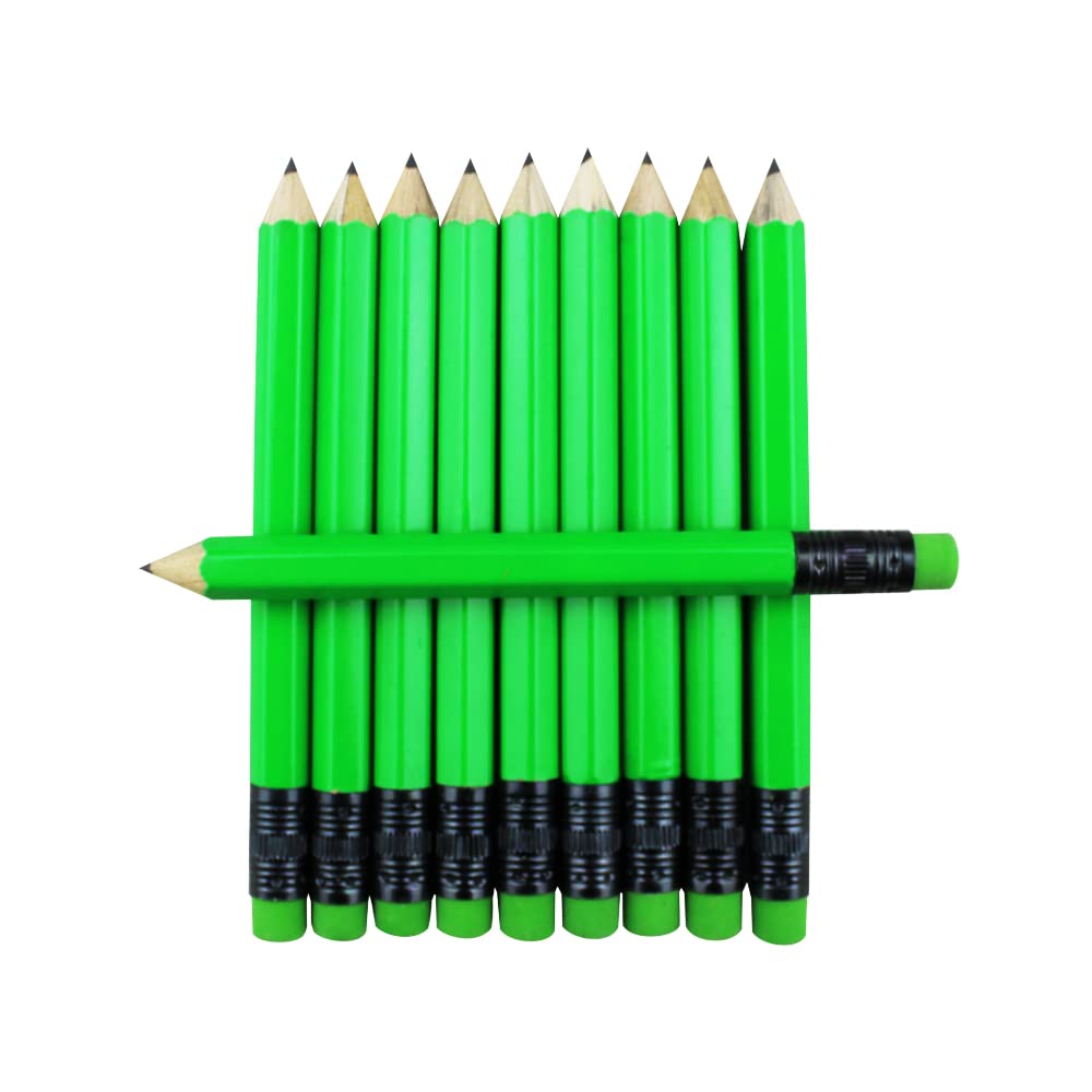 EZPENCILS & GIFTS - 90-Pack Neon Green Golf Pencils with Erasers - 2HB Black Lead & Non-Smear Eraser - Half-Size Blank Pencils for Scorecards, Mini Notes & Office Use - Perfect for Golf Tournaments, Schools & Events