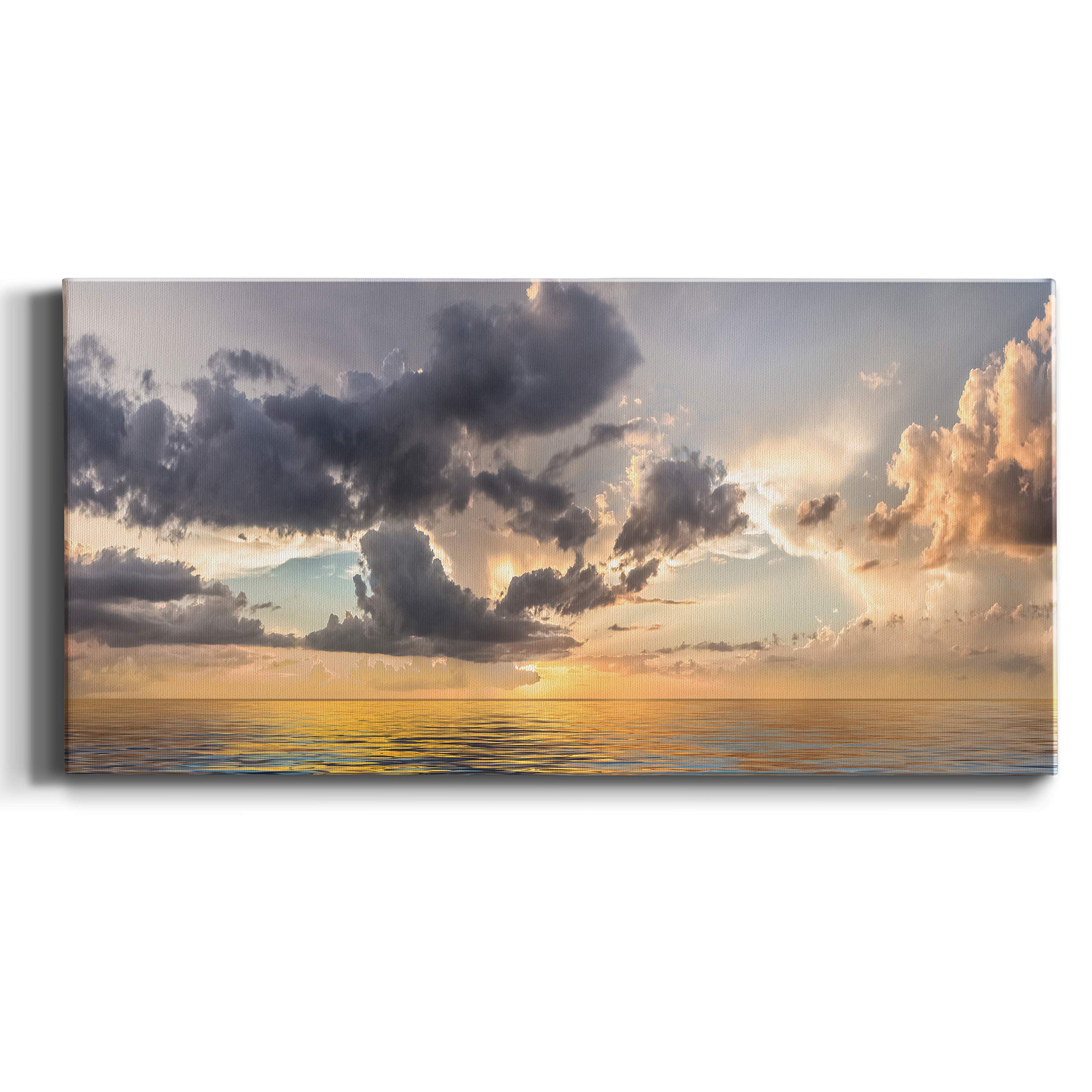 Modern Ocean Sunset Canvas Wall Art - Blue Beach Landscape Print for Living Room, Bedroom, Bathroom & Office Decor - Ready to Hang 24x48 Inches - Perfect for Coastal, Nautical & Boho Home Styling