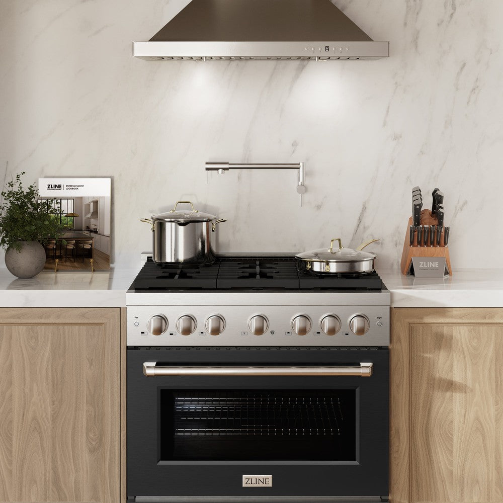 ZLINE 36 Inch 5.2 cu ft Stainless Steel Dual Fuel Range - 6 Burner Gas Cooktop & Electric Convection Oven with Black Matte Door (SDR BLM 36) - Perfect for Professional Home Chefs & Modern Kitchens