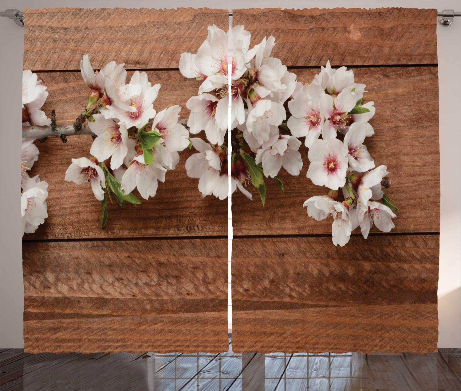 Ambesonne Almond Blossom Curtains - Wooden Background Floral Print Spring Nature Design, Rustic Window Drapes 2 Panel Set (108