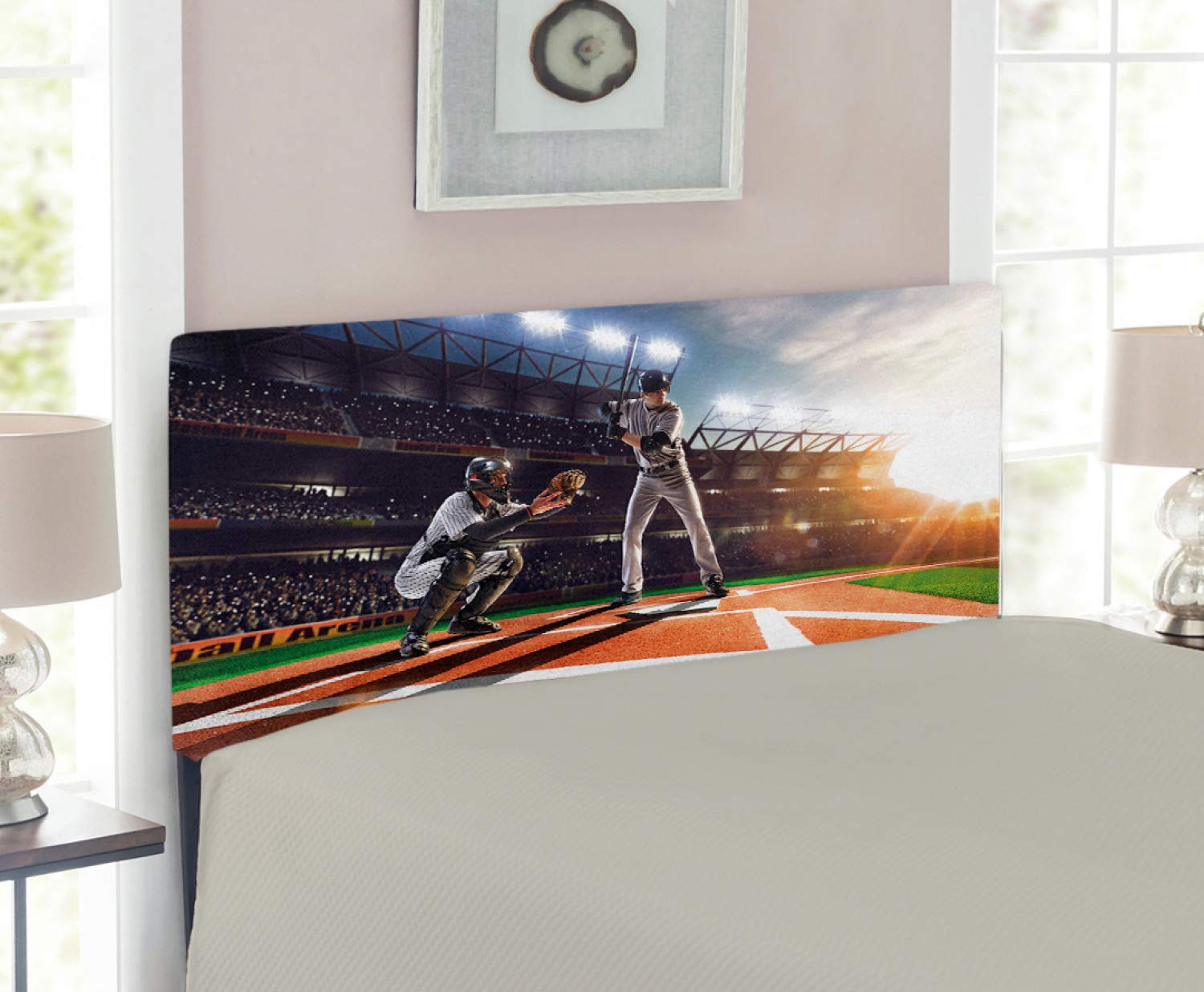 Ambesonne Twin Size Upholstered Headboard for Teen Room - Baseball Players in Stadium Sports Print, Decorative Metal Bed Headboard with Memory Foam, Multicolor | Perfect for Sports-Themed Bedrooms & Teen Boy's Dorm Decor