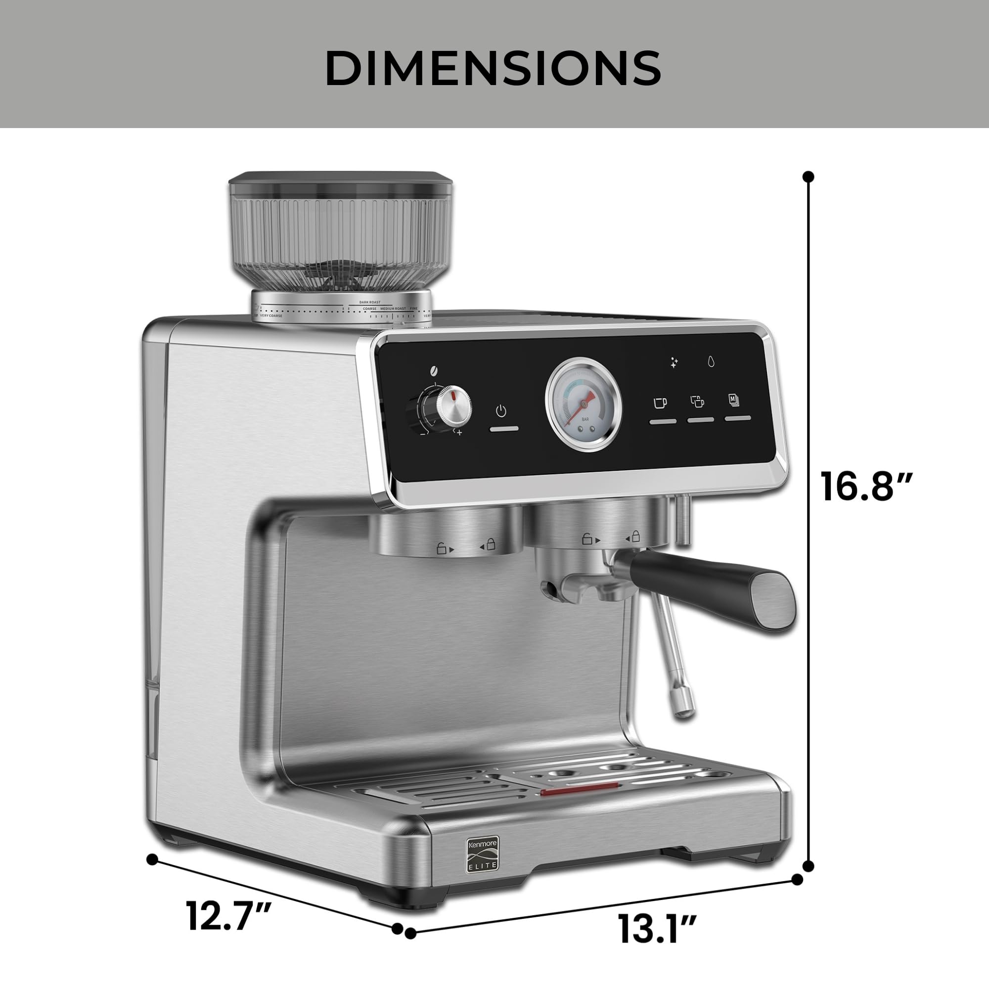 Kenmore Elite Semi-Automatic Espresso Machine with Built-in Grinder, Auto Tamper & Milk Frother - Professional Barista System for Home Café, Perfect for Making Lattes, Cappuccinos and Americanos (Ideal for Coffee Shops & Home Baristas)