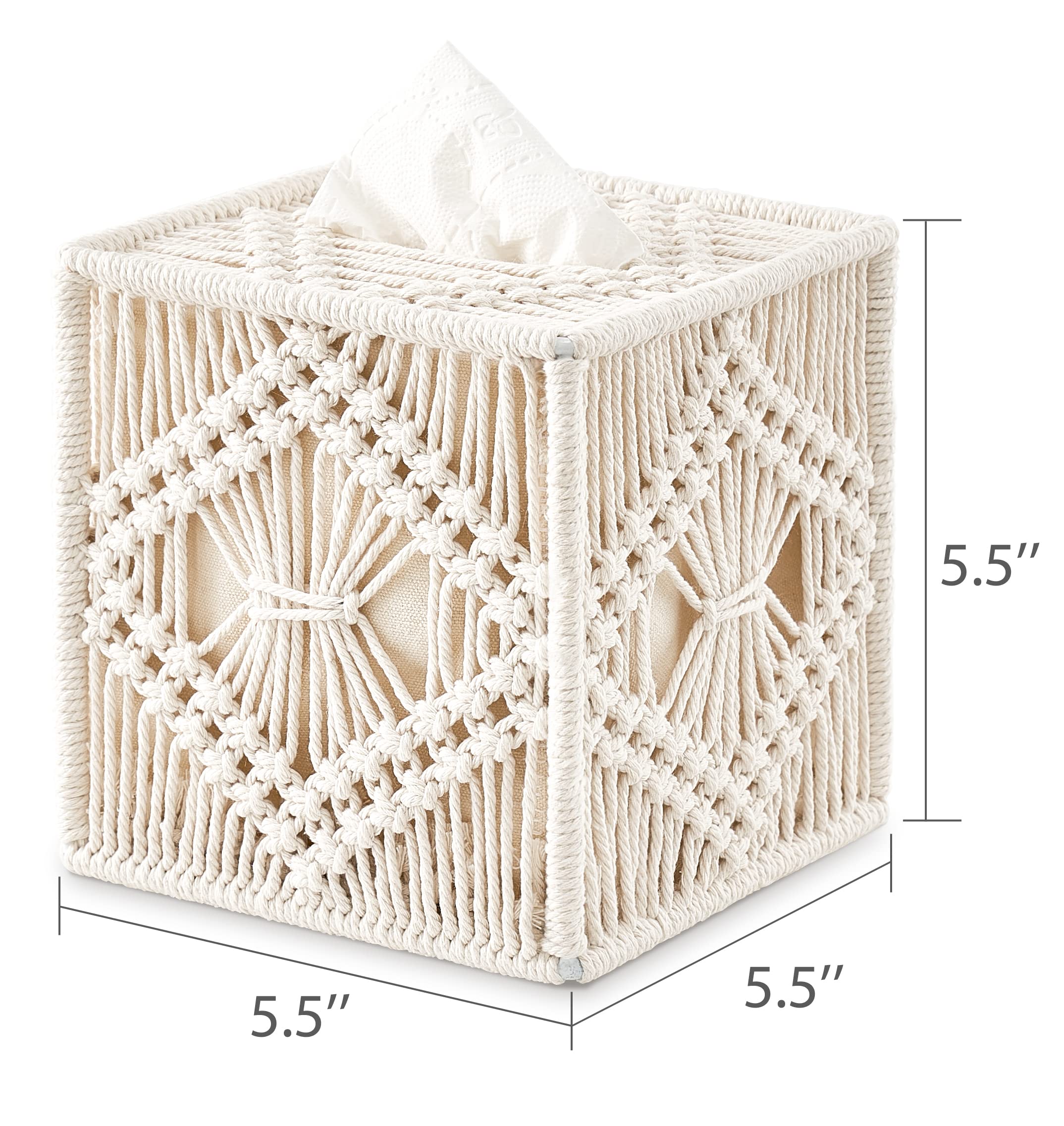 Handmade Macrame Tissue Box Cover - Boho Square Open-Bottom Tissue Holder, Woven Bohemian Decor for Bathroom, Bedroom, Dresser, Living Room, Office & Dorm | Perfect for Home Decor, Gift Giving & Organizing Spaces