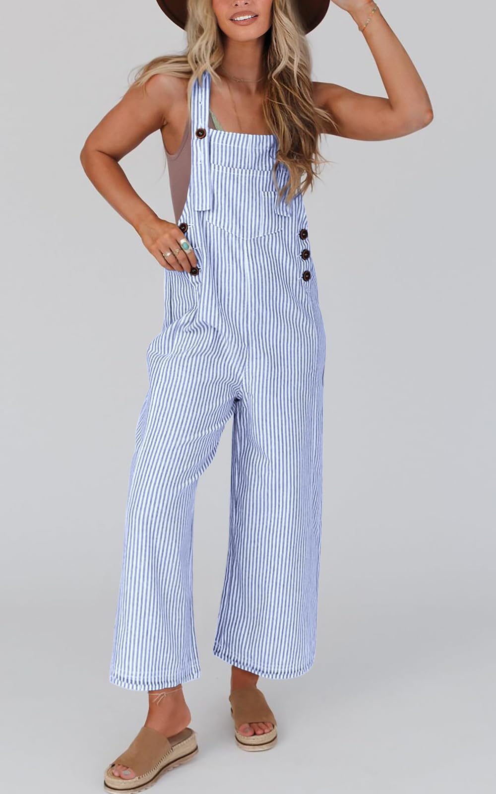PRETTYGARDEN Women's 2025 Summer Casual Sleeveless Wide Leg Button Front Striped Jumpsuit - Trendy Romper for Beach, Vacation & Everyday Outfits