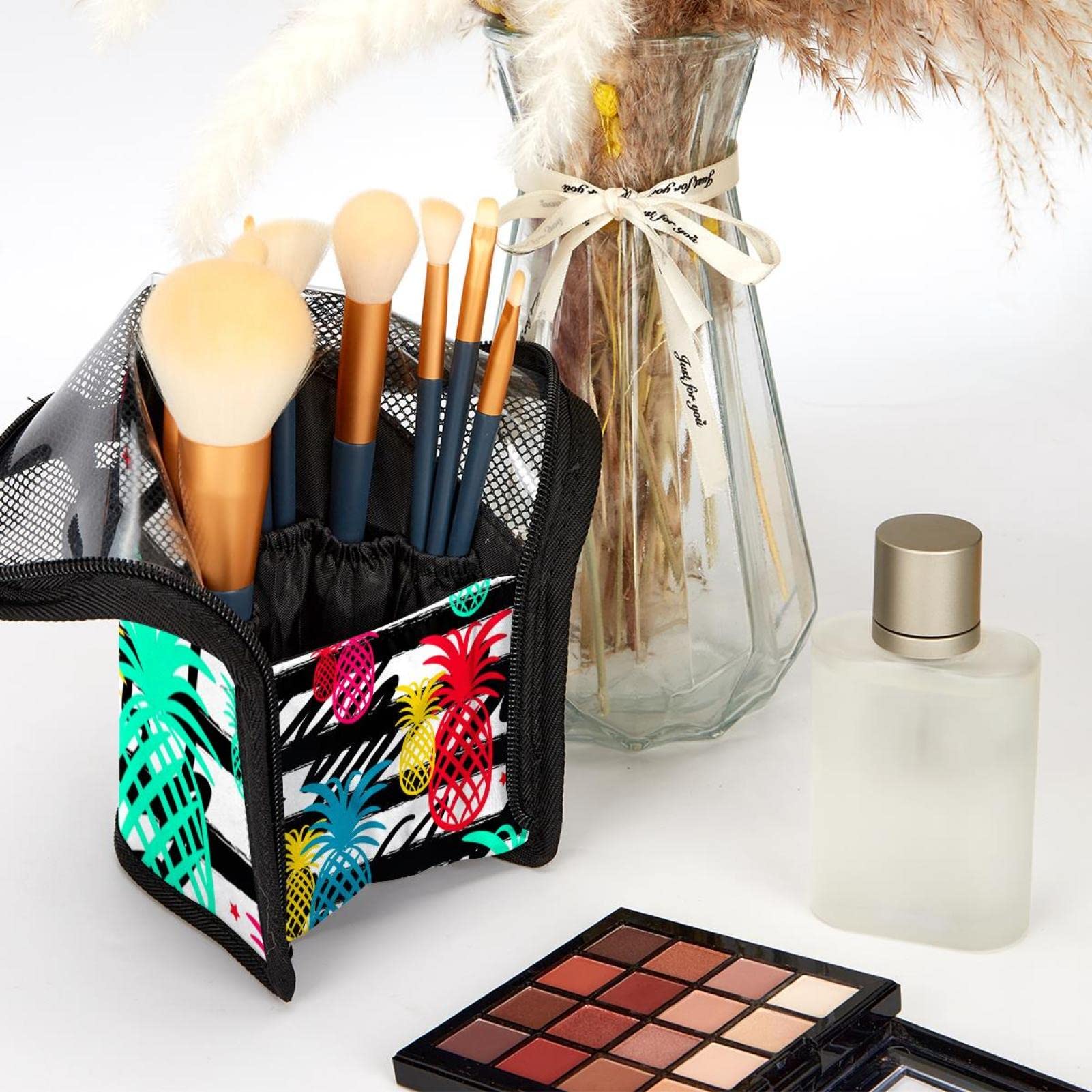 Portable Makeup Brush Organizer Bag with 12 Slots - Pineapple Geometric Stripes Cosmetic Brush Holder Case - Perfect for Travel, Home Vanity & Professional Makeup Artists