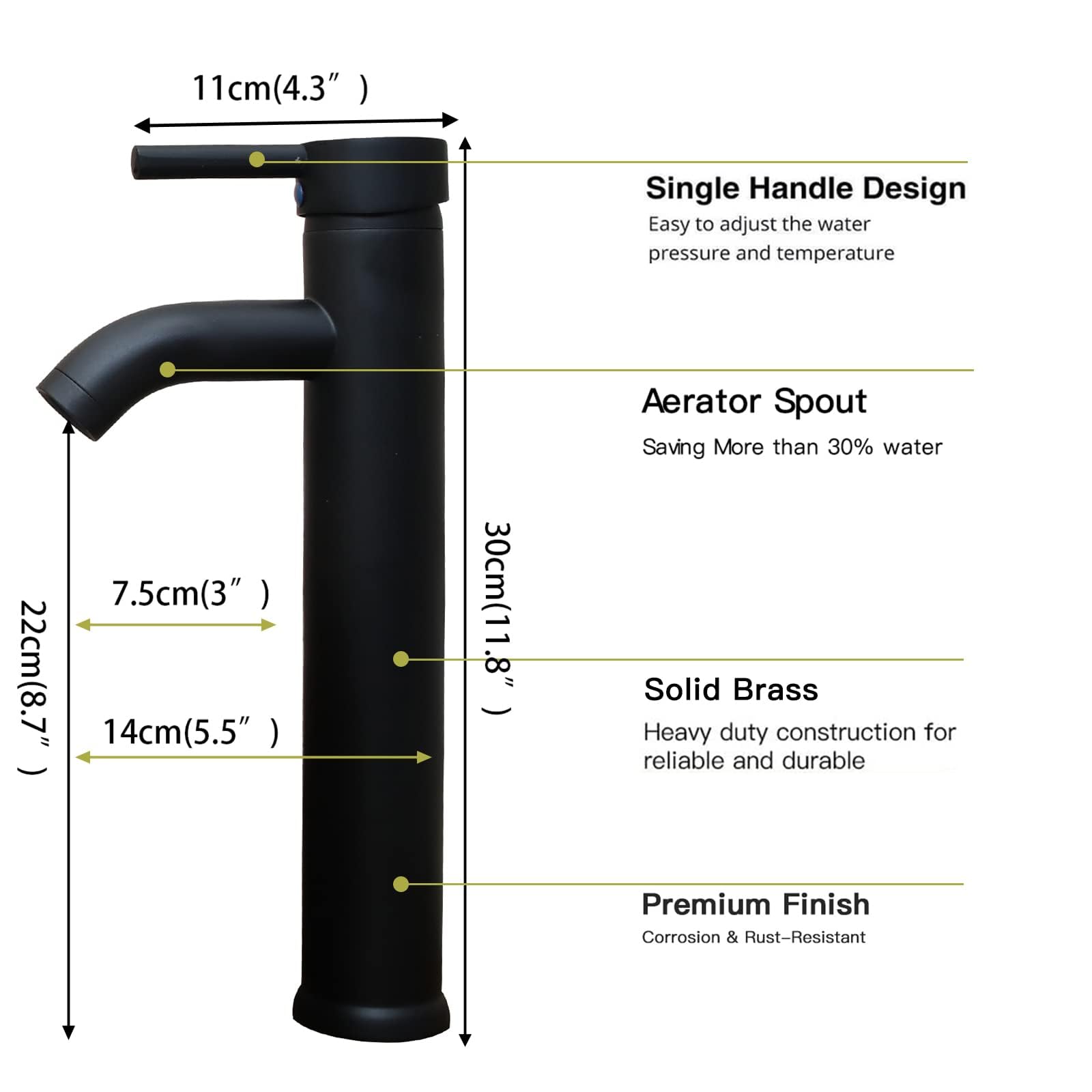Black Single Handle One Hole Commercial Bathroom Vessel Sink Faucet with Pop-Up Drain & Supply Lines - Perfect for Modern Vanities, Restaurants, and Hotel Lavatories