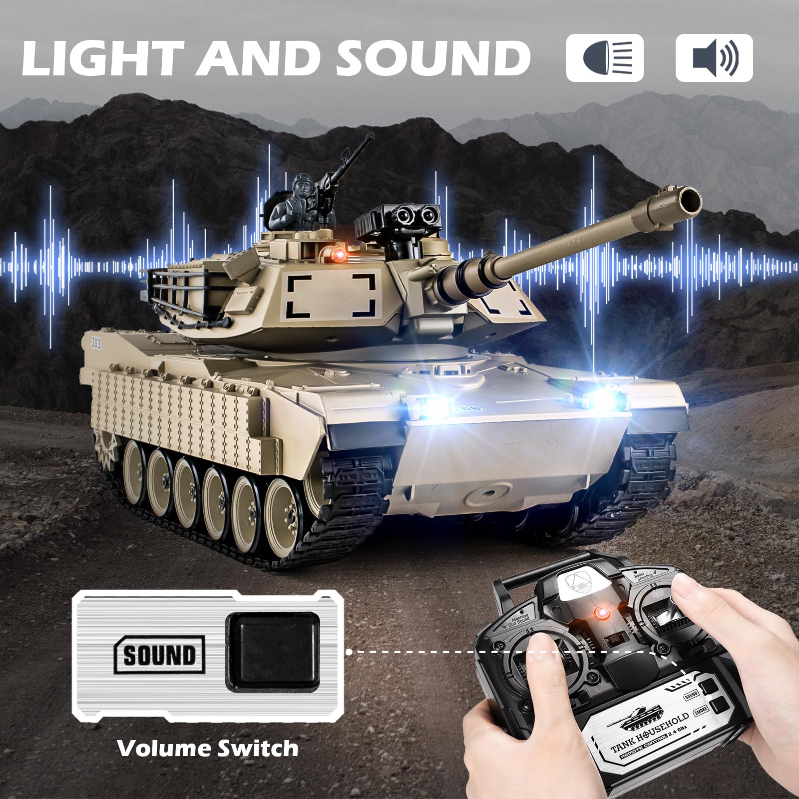 1:18 Scale M1A2 Abrams RC Tank - 2.4GHz Remote Control Military Vehicle with Smoke, Light & Sound Effects | 15-Channel Battle Tank Shoots BBs & Water Bombs | Realistic Army Toy for Adults & Kids | Outdoor Play, Collectible Display & War Simulation