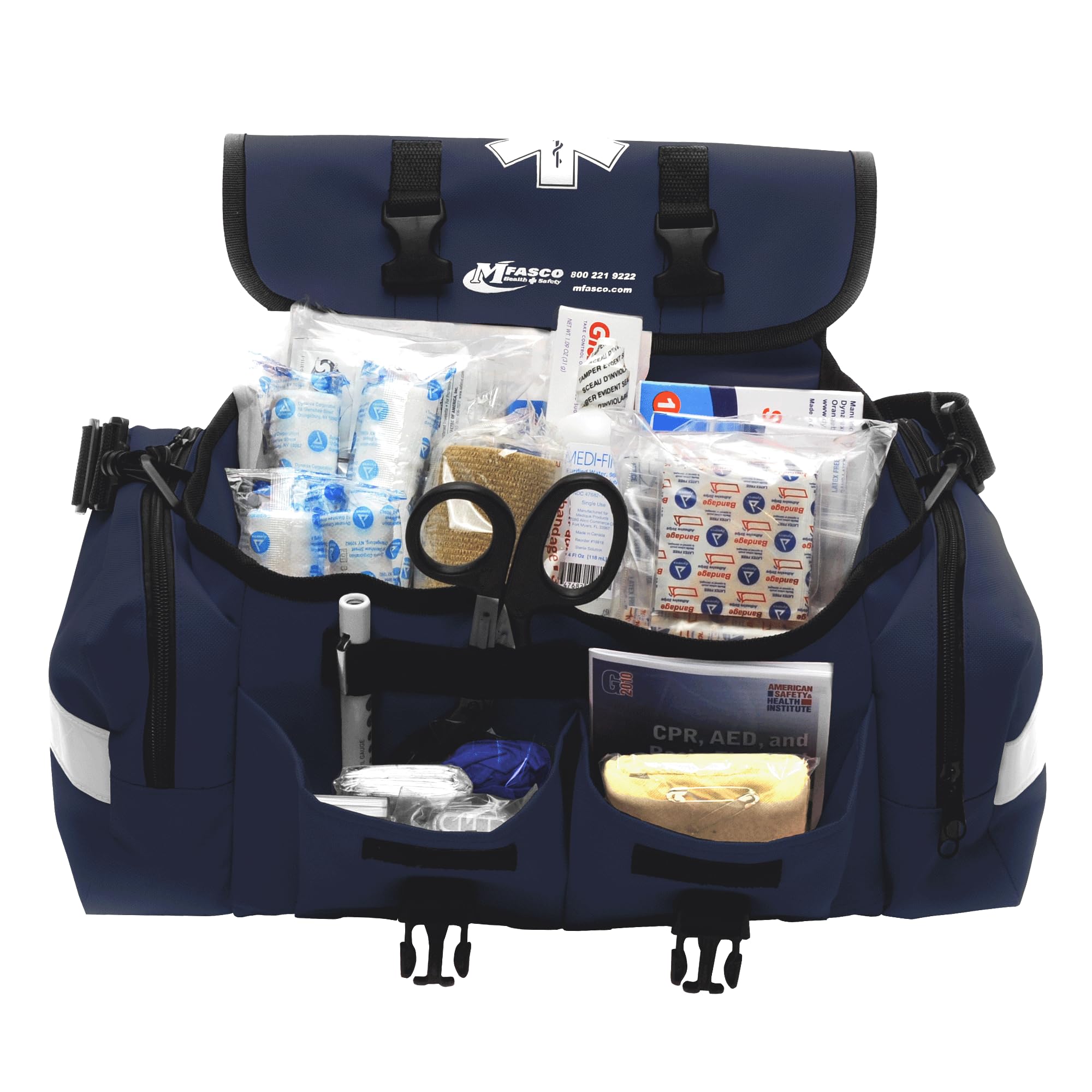 MFASCO 415-Piece First Aid Kit - Fully Stocked Emergency Medical Supplies for First Responders | Portable Reflective Bag for Natural Disaster Preparedness & Outdoor Survival | Customizable Storage | Blue First Aid Kit for Home, Car, Camping & Workplace Safety