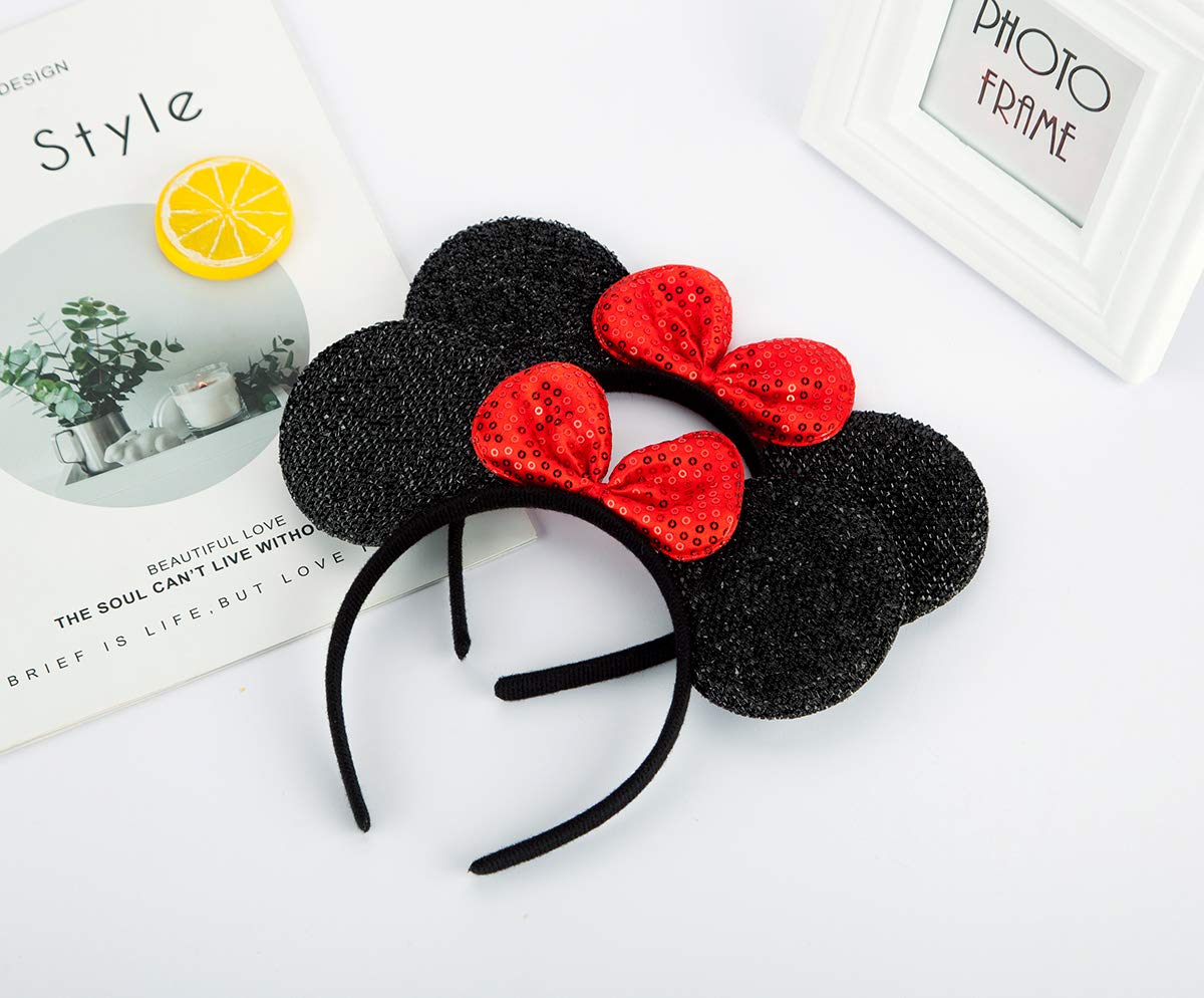 FANYITY 2 Pcs Mouse Ears Headband - Cute Costume Ears for Kids, Babies, Women & Men - Perfect for Disney Parties, Halloween & Cosplay (Red & Black)