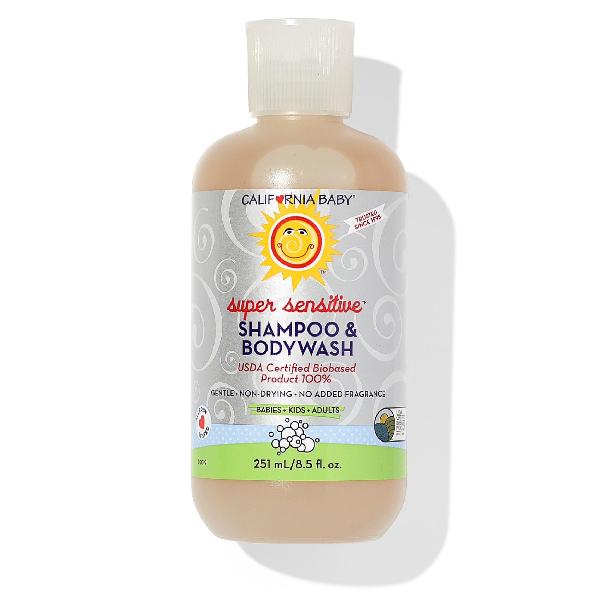 California Baby Super Sensitive Shampoo & Body Wash - 100% Plant-Based, Fragrance Free & Hypoallergenic Baby Wash (8.5 oz) - Gentle Cleanser for Newborns, Eczema & Sensitive Skin - Perfect for Bath Time & Daily Baby Care Routine