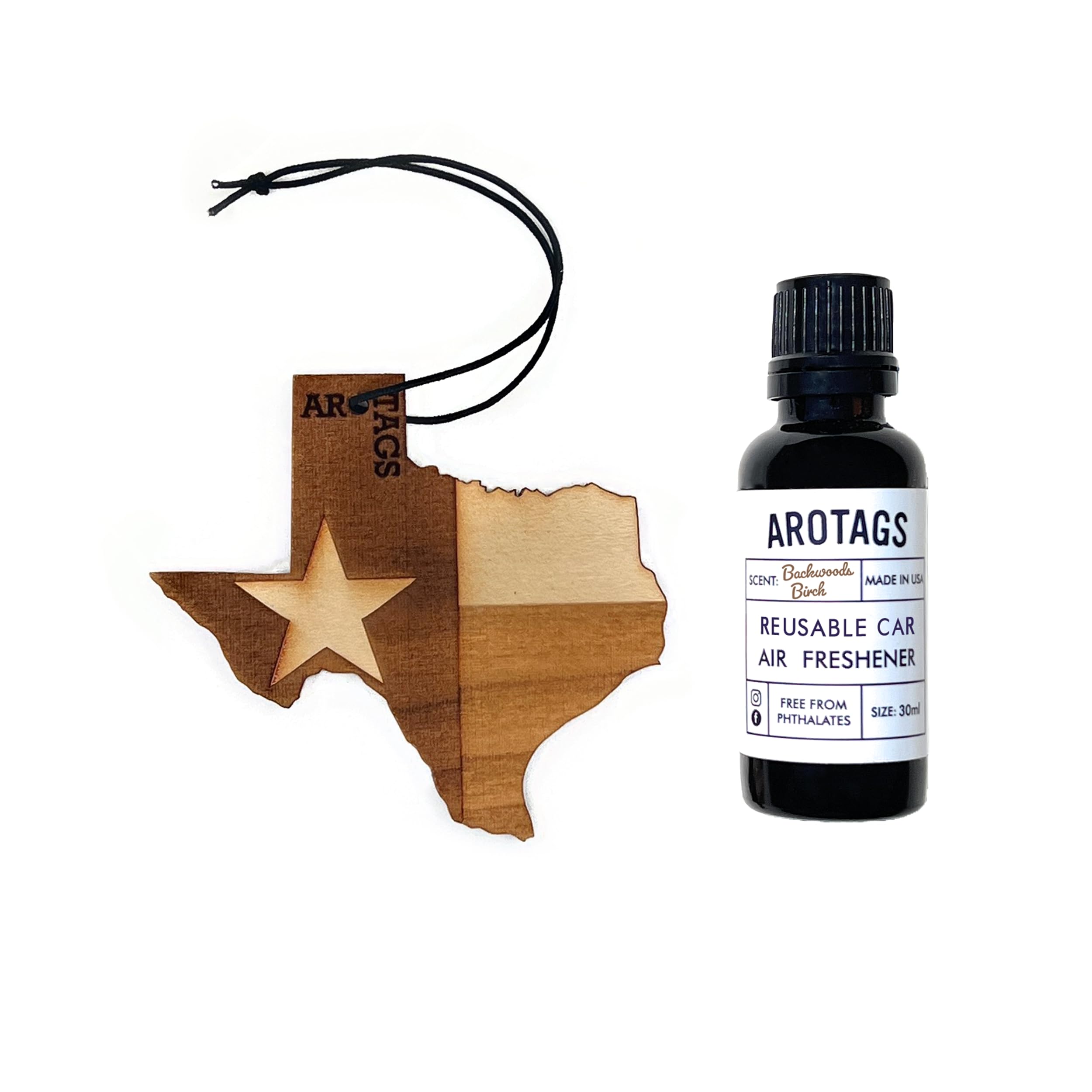 Arotags Wooden Car Air Fresheners - Long Lasting Backwoods Birch Scent for 365+ Days - Includes Texas Hanging Mirror Diffuser & Fragrance Oil - 100% American Made - Perfect for Cars, Trucks, SUVs, RVs & Home Décor