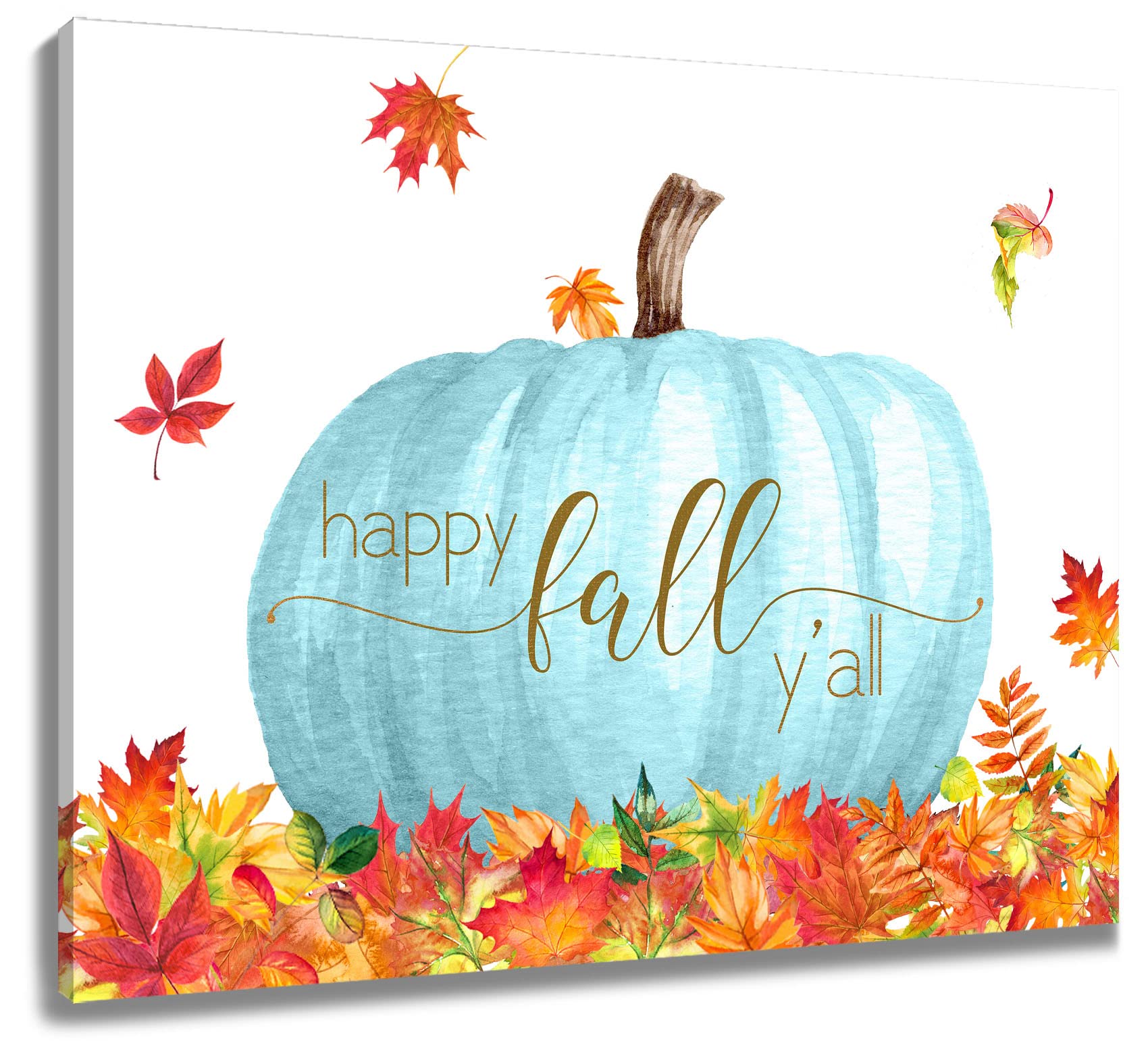 LB Fall Canvas Wall Art - Thanksgiving Pumpkin & Maple Leaf Watercolor Painting - Teal & Orange Autumn Decor - 20x16 Inch Wall Hanging for Living Room, Bedroom, Bathroom - Perfect for Seasonal Home Decor & Holiday Gifts