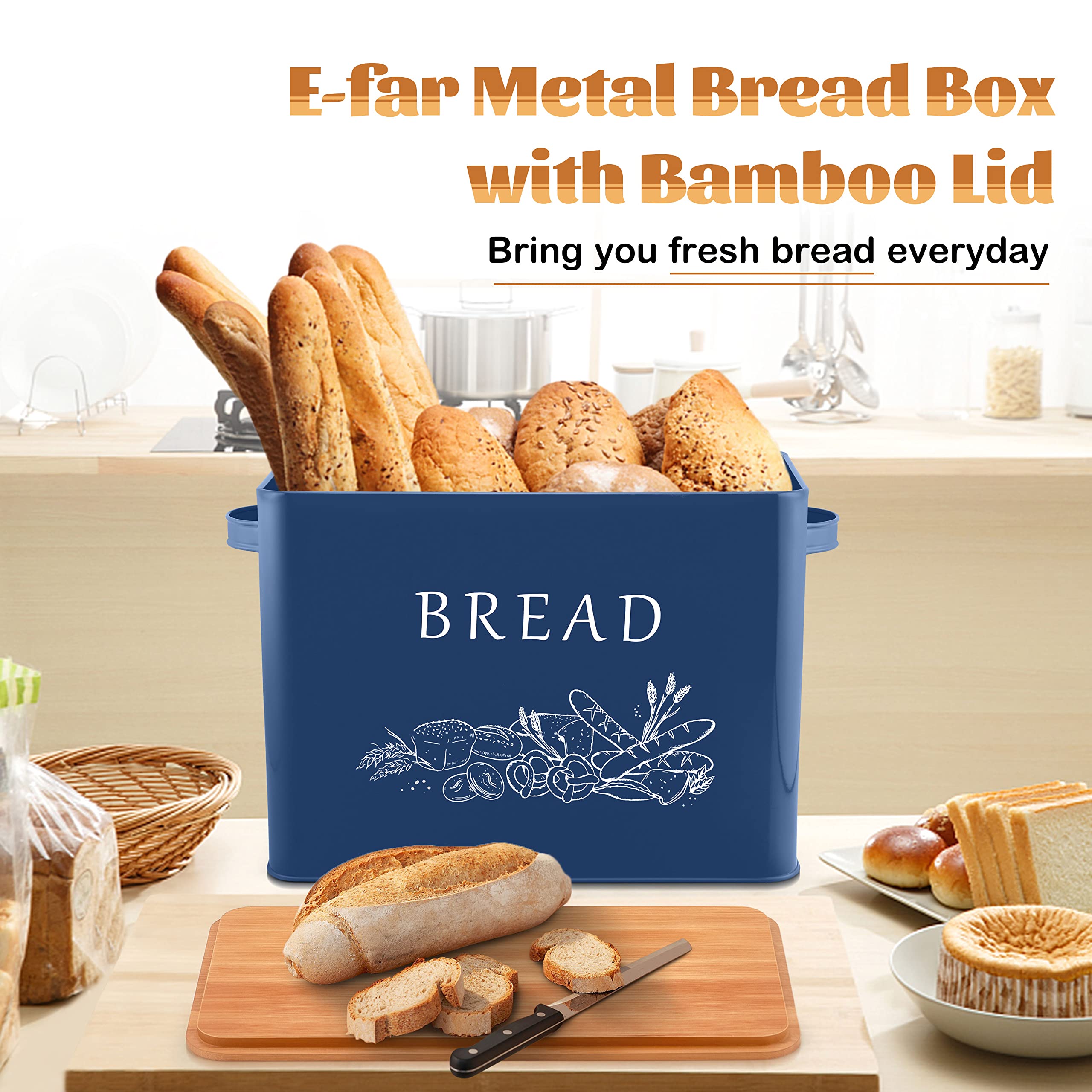 Farmhouse Style Extra Large Metal Bread Box with Bamboo Lid - 13” x 7.2” x 9.8” Navy Blue Bread Storage Container for Kitchen Countertop | Perfect for Bread, Baguettes & Pastries - Rustic Kitchen Organization & Decoration