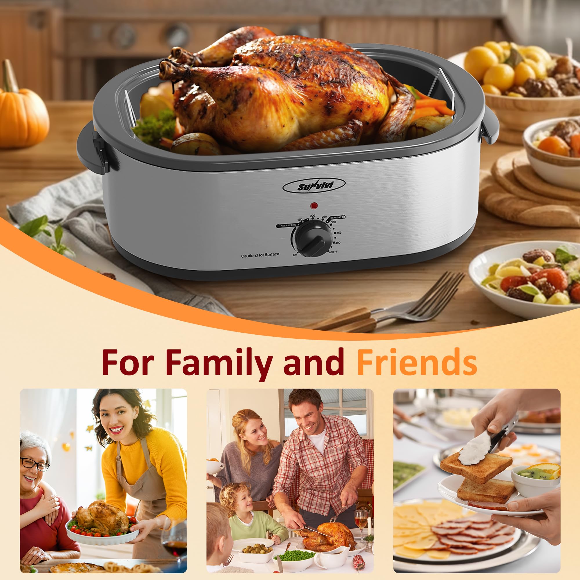 Sunvivi 20 Quart Electric Roaster Oven with Lid - Large Turkey Roaster with Removable Pan, Self-Basting Lid, Fast Heating & Thaw/Warming Setting - Perfect for Thanksgiving, Holiday Cooking, and Family Gatherings (Silver)