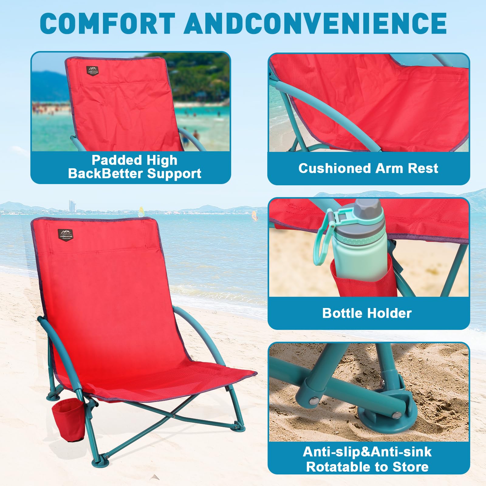 2 Pack Lightweight Folding Low Beach Chairs for Adults - Portable Recliner Camping Chairs with Cup Holder & Carry Bag - Perfect for Outdoor, Beach, Picnic, Festival, and Backyard Relaxation (Pink)